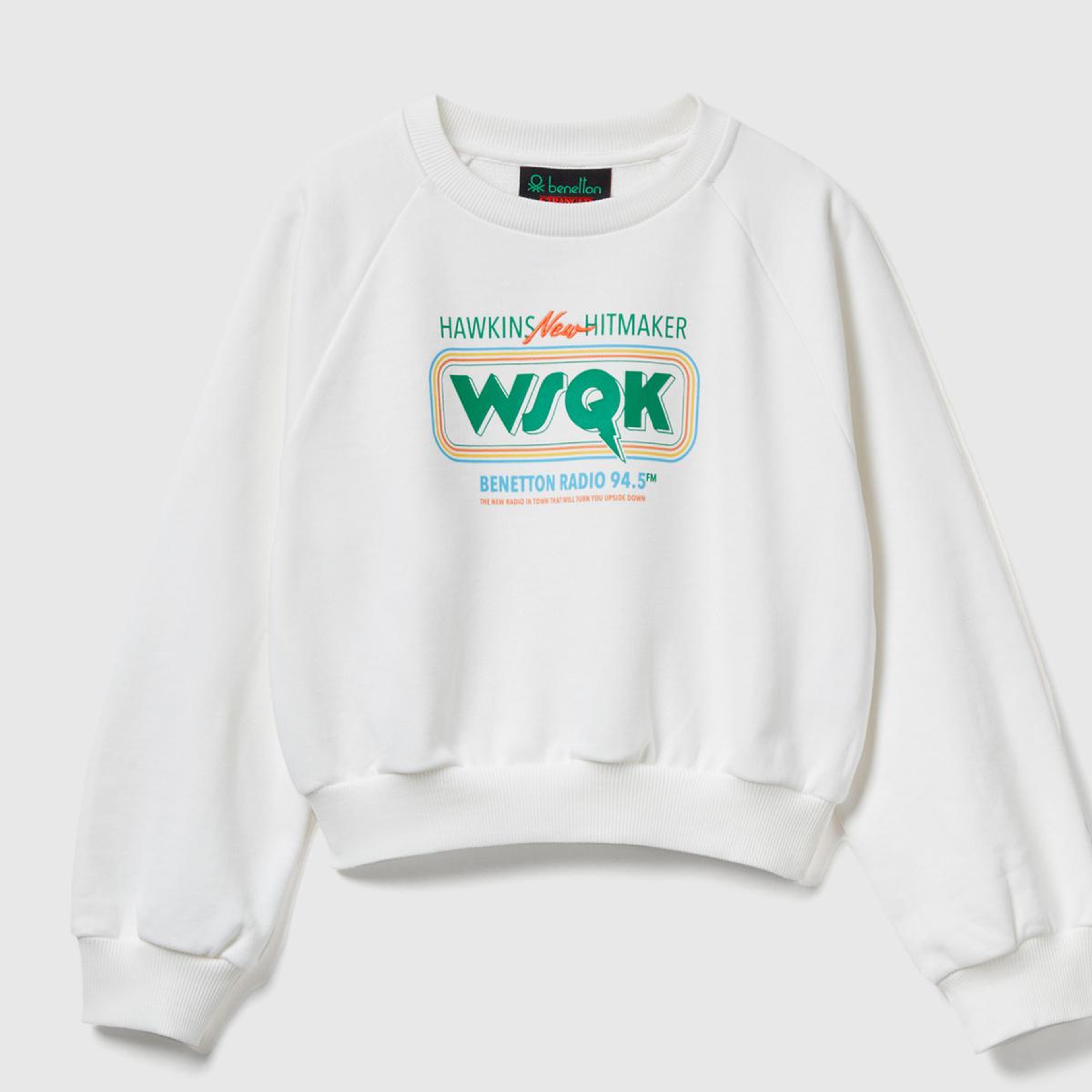 Kız Çocuk Krem %100 Pamuk Kısa Kesim Stranger Things Ön Baskı Detaylı Ribanalı Sweatshirt