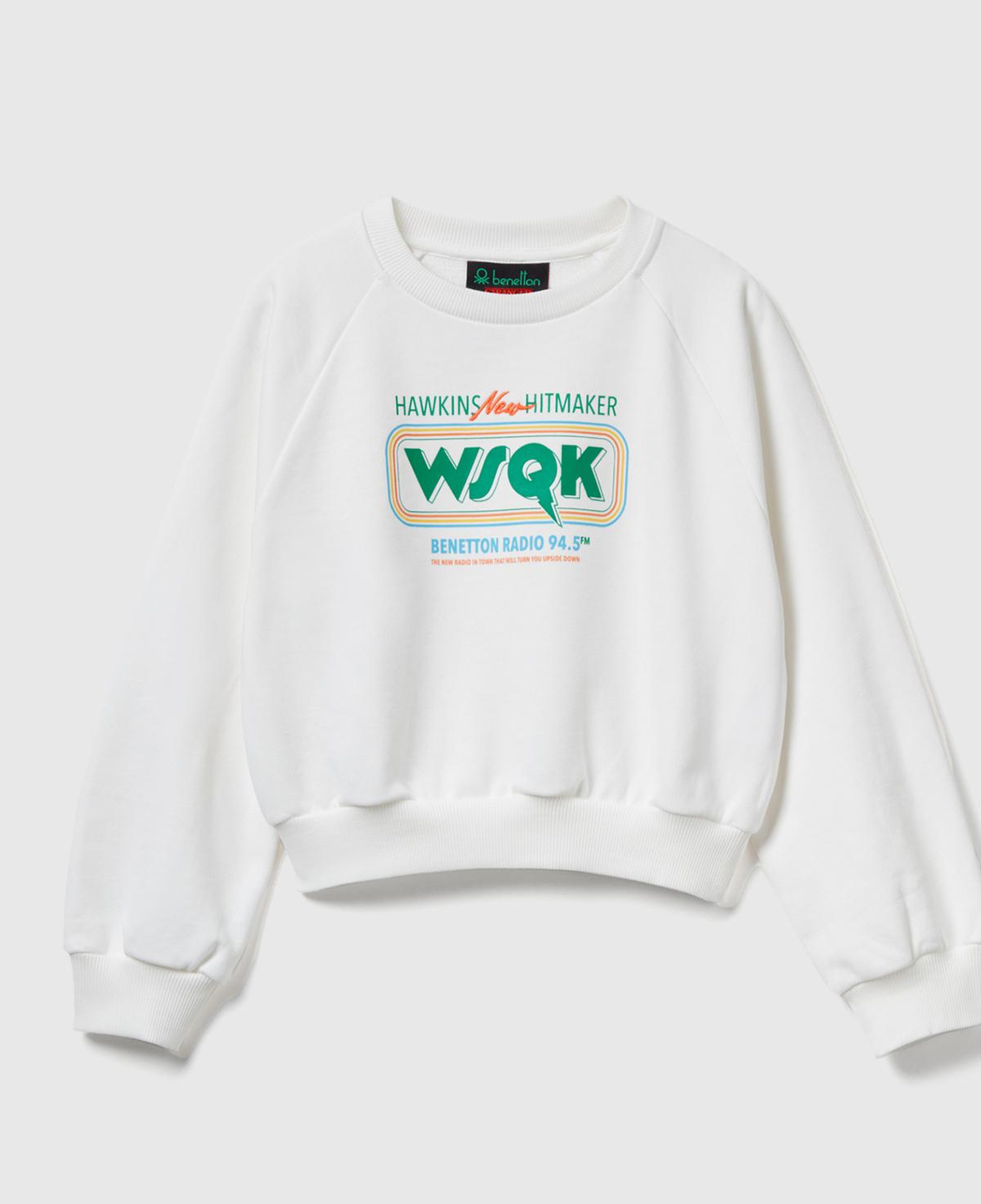 Kız Çocuk Krem %100 Pamuk Kısa Kesim Stranger Things Ön Baskı Detaylı Ribanalı Sweatshirt