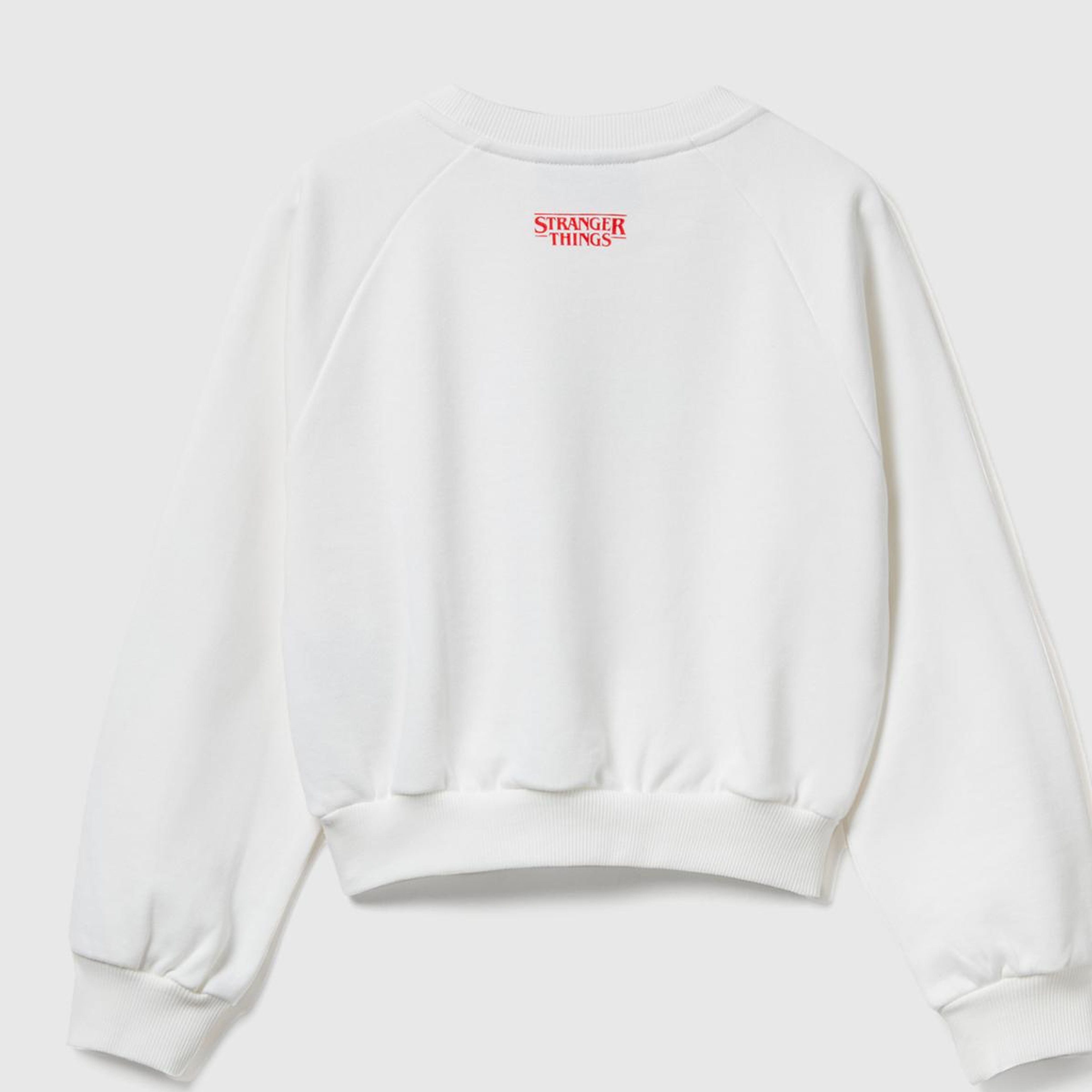 Kız Çocuk Krem %100 Pamuk Kısa Kesim Stranger Things Ön Baskı Detaylı Ribanalı Sweatshirt