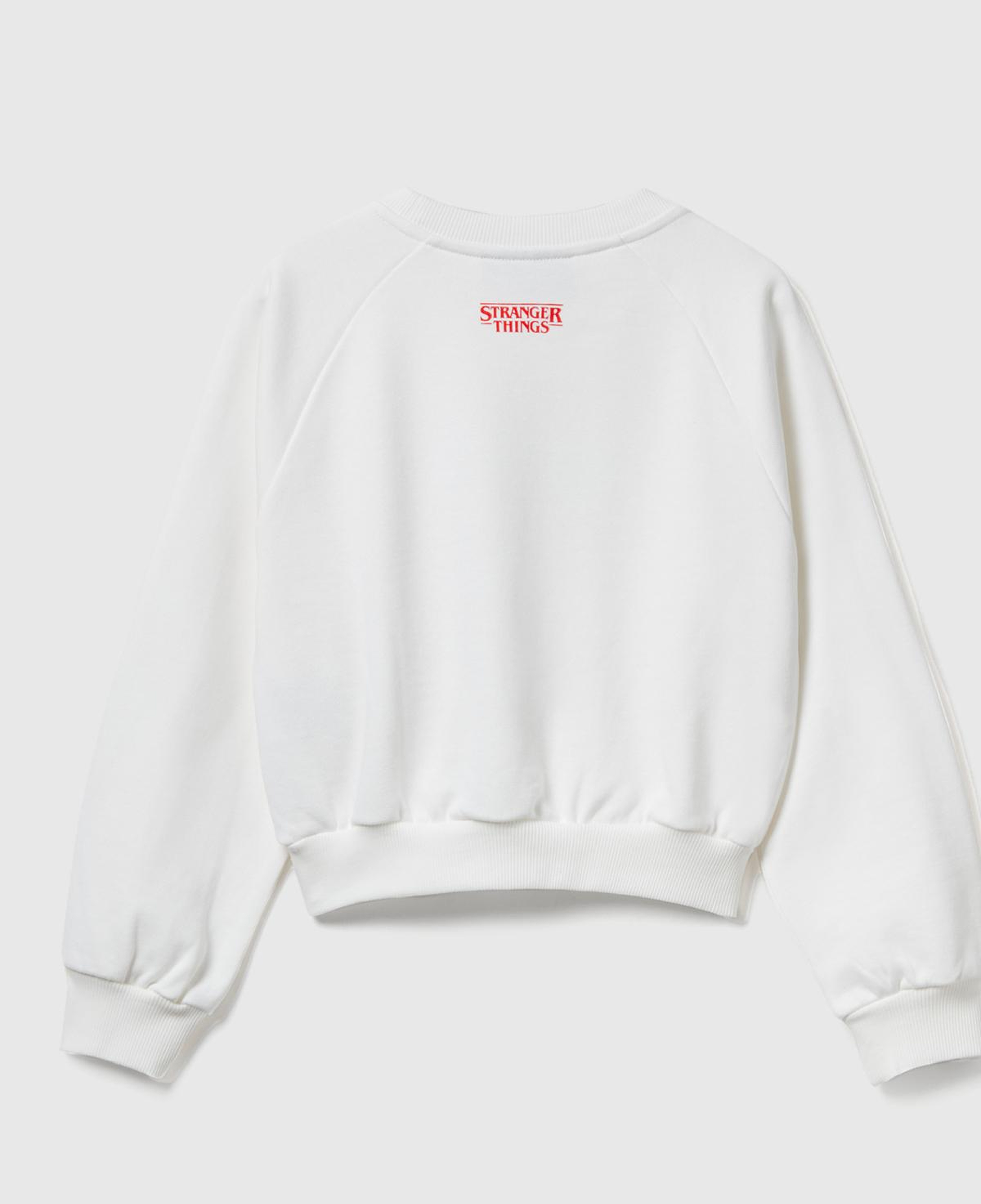 Kız Çocuk Krem %100 Pamuk Kısa Kesim Stranger Things Ön Baskı Detaylı Ribanalı Sweatshirt