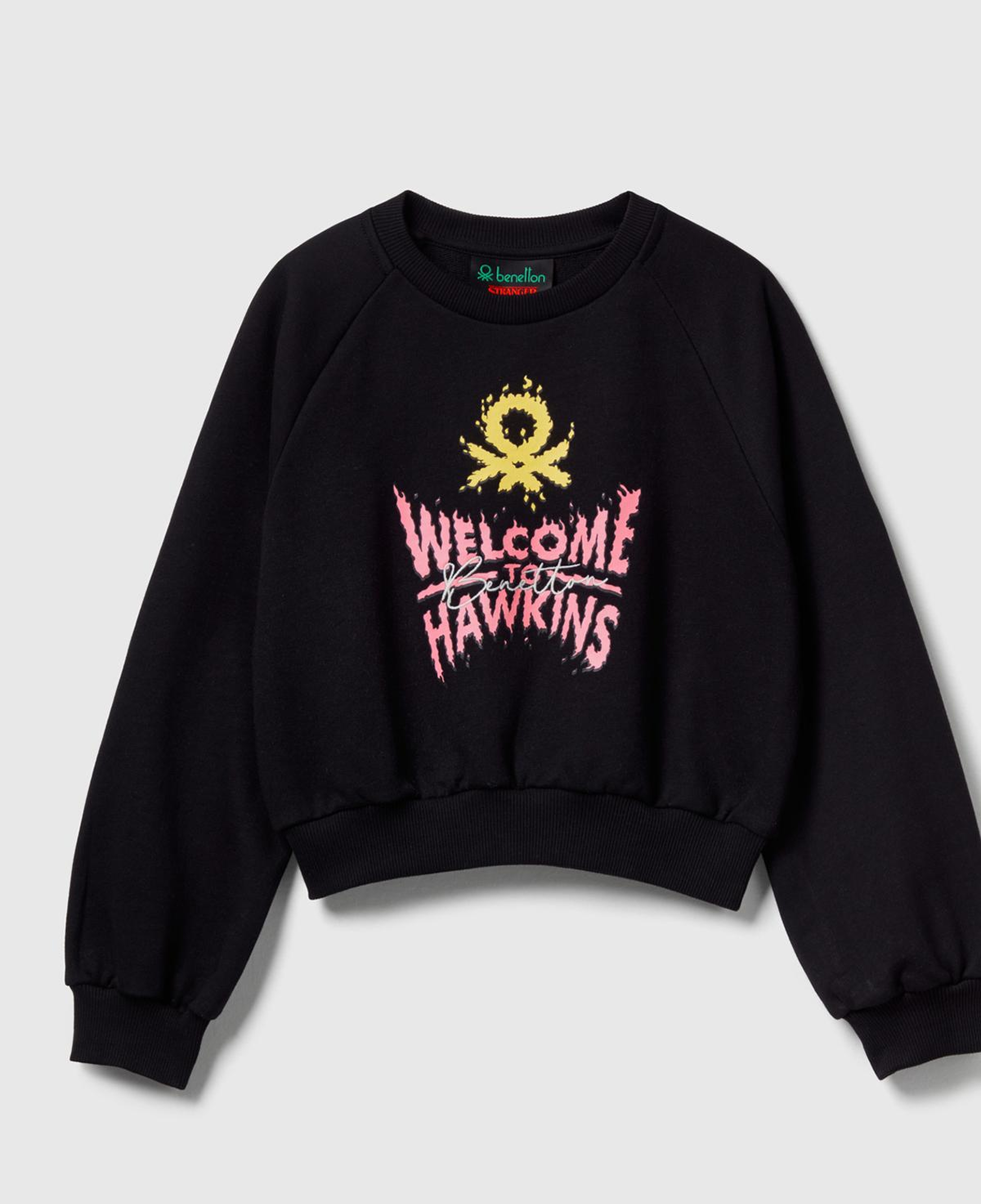 Kız Çocuk Siyah %100 Pamuk Kısa Kesim Stranger Things Ön Baskı Detaylı Ribanalı Sweatshirt