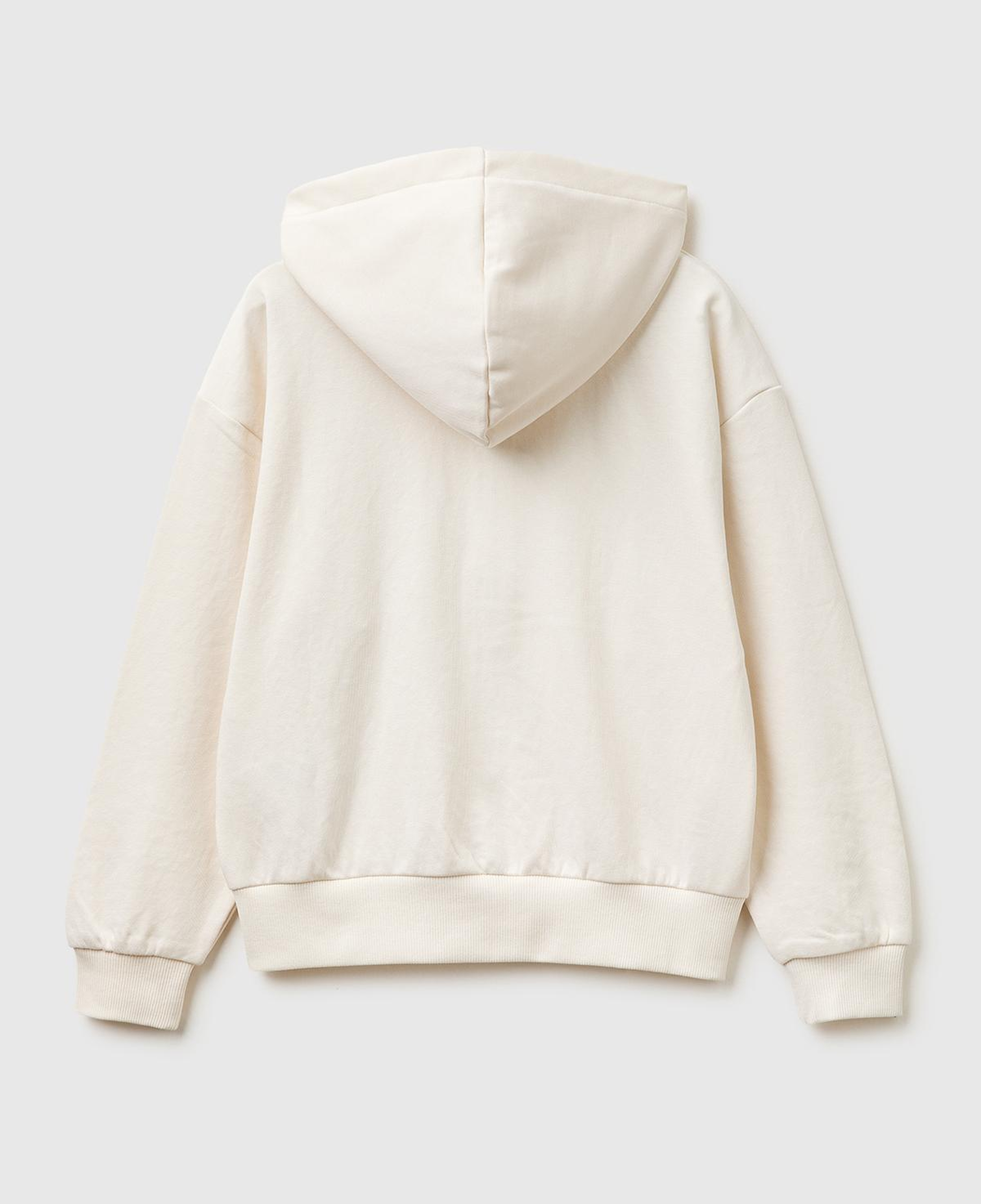 Kız Çocuk Ekru Taş İşlemeli Kanguru Cepli Fermuarlı Kapüşonlu Sweatshirt