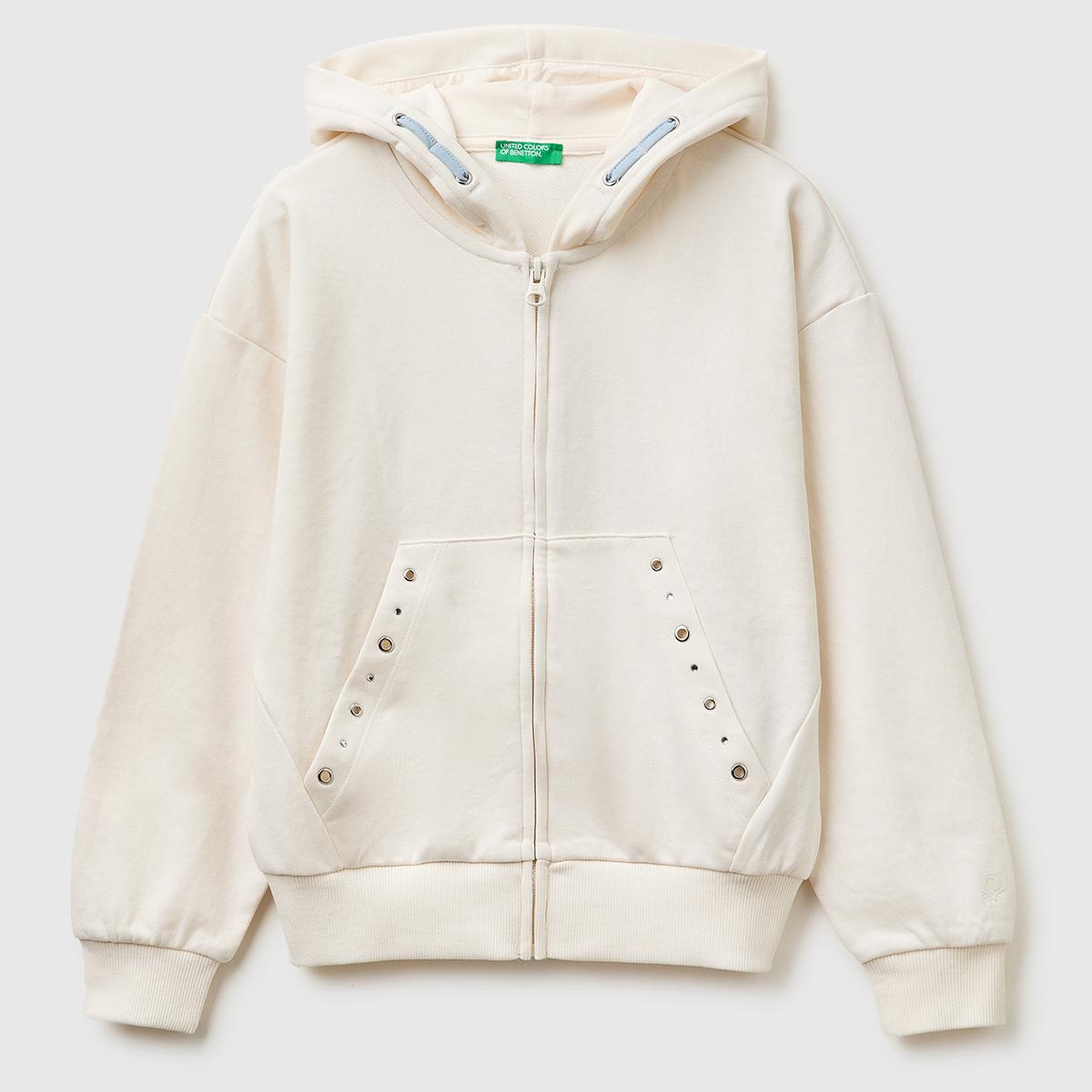 Kız Çocuk Ekru Taş İşlemeli Kanguru Cepli Fermuarlı Kapüşonlu Sweatshirt