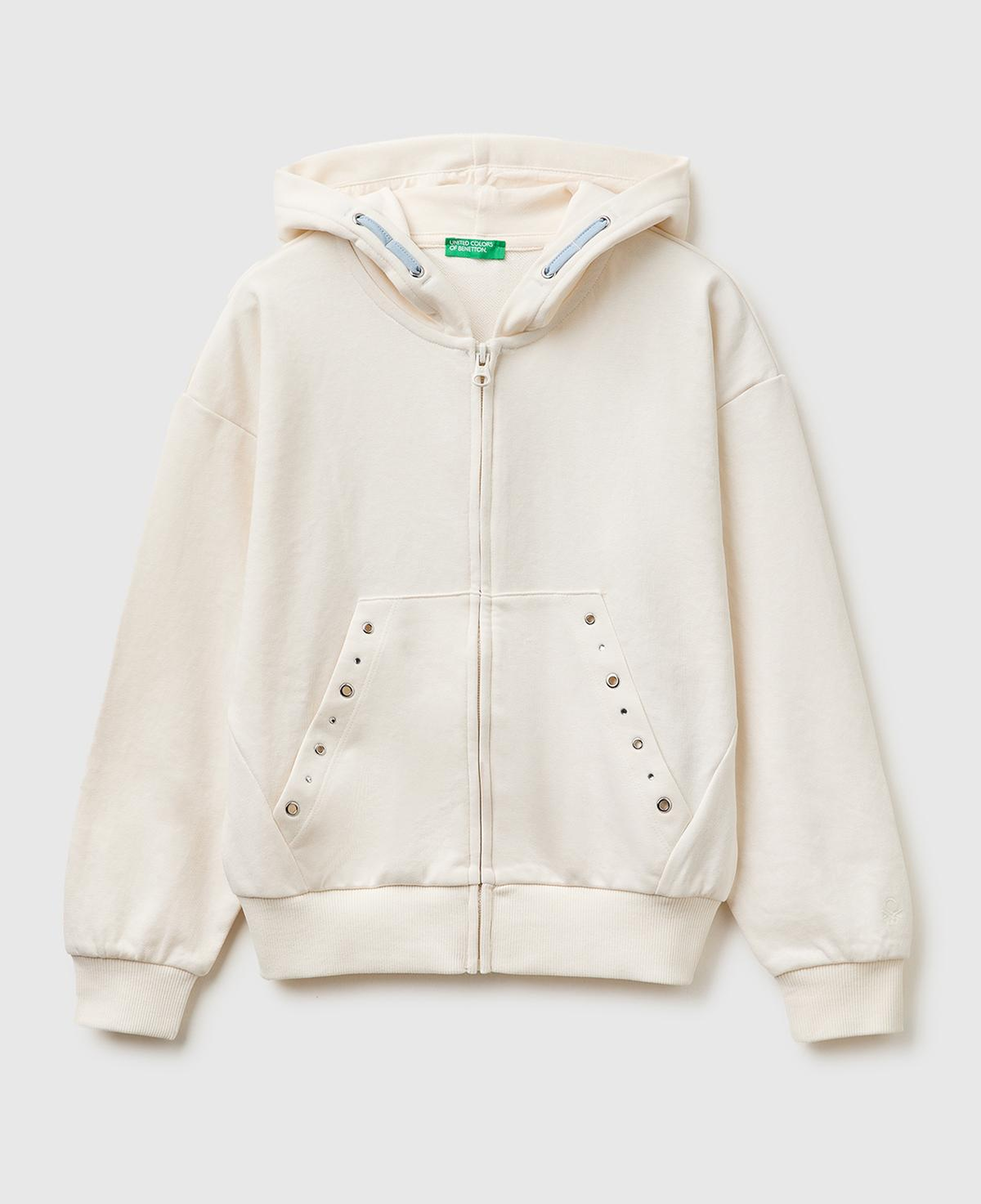 Kız Çocuk Ekru Taş İşlemeli Kanguru Cepli Fermuarlı Kapüşonlu Sweatshirt