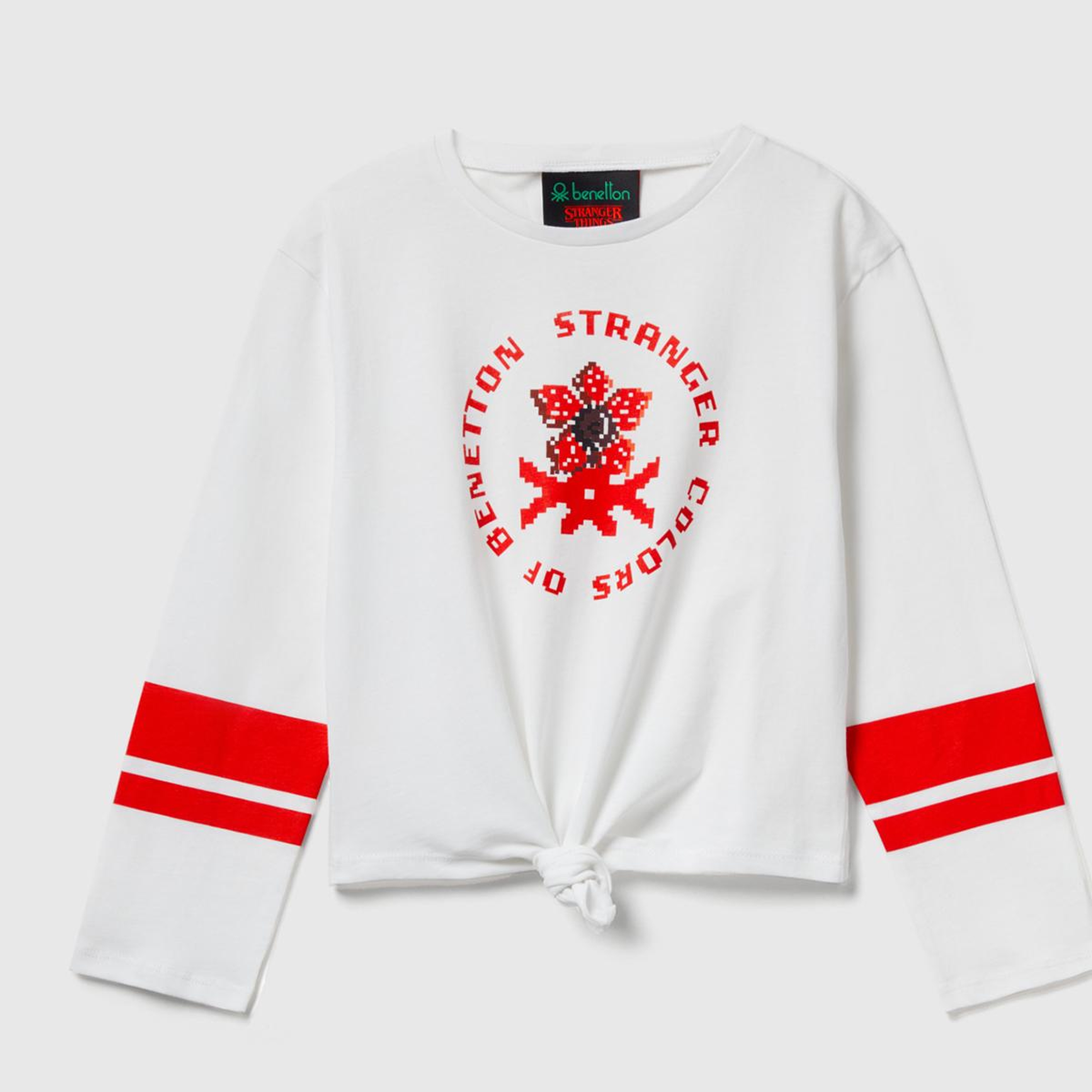 Kız Çocuk Krem %100 Pamuk Stranger Things Ön Düğüm Detaylı Kol Şerit Baskılı T-Shirt
