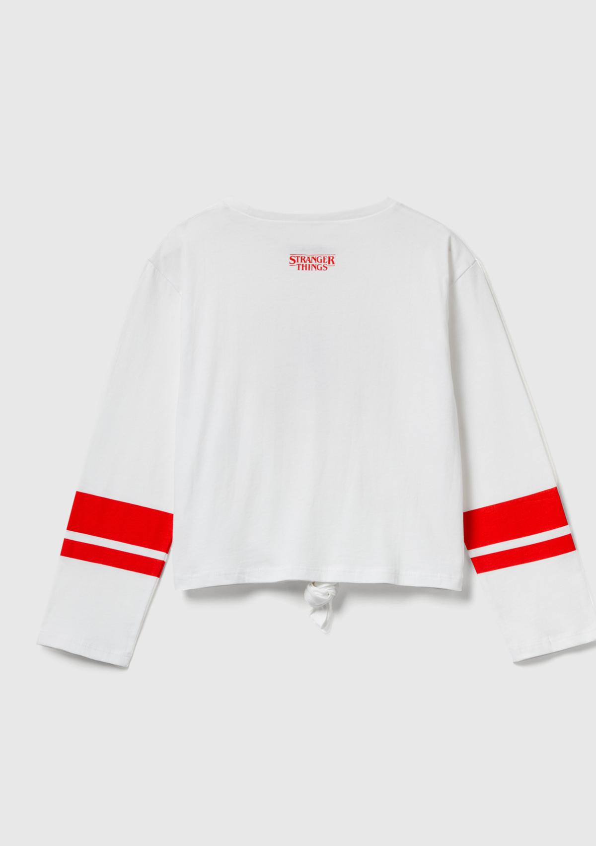 Kız Çocuk Krem %100 Pamuk Stranger Things Ön Düğüm Detaylı Kol Şerit Baskılı T-Shirt