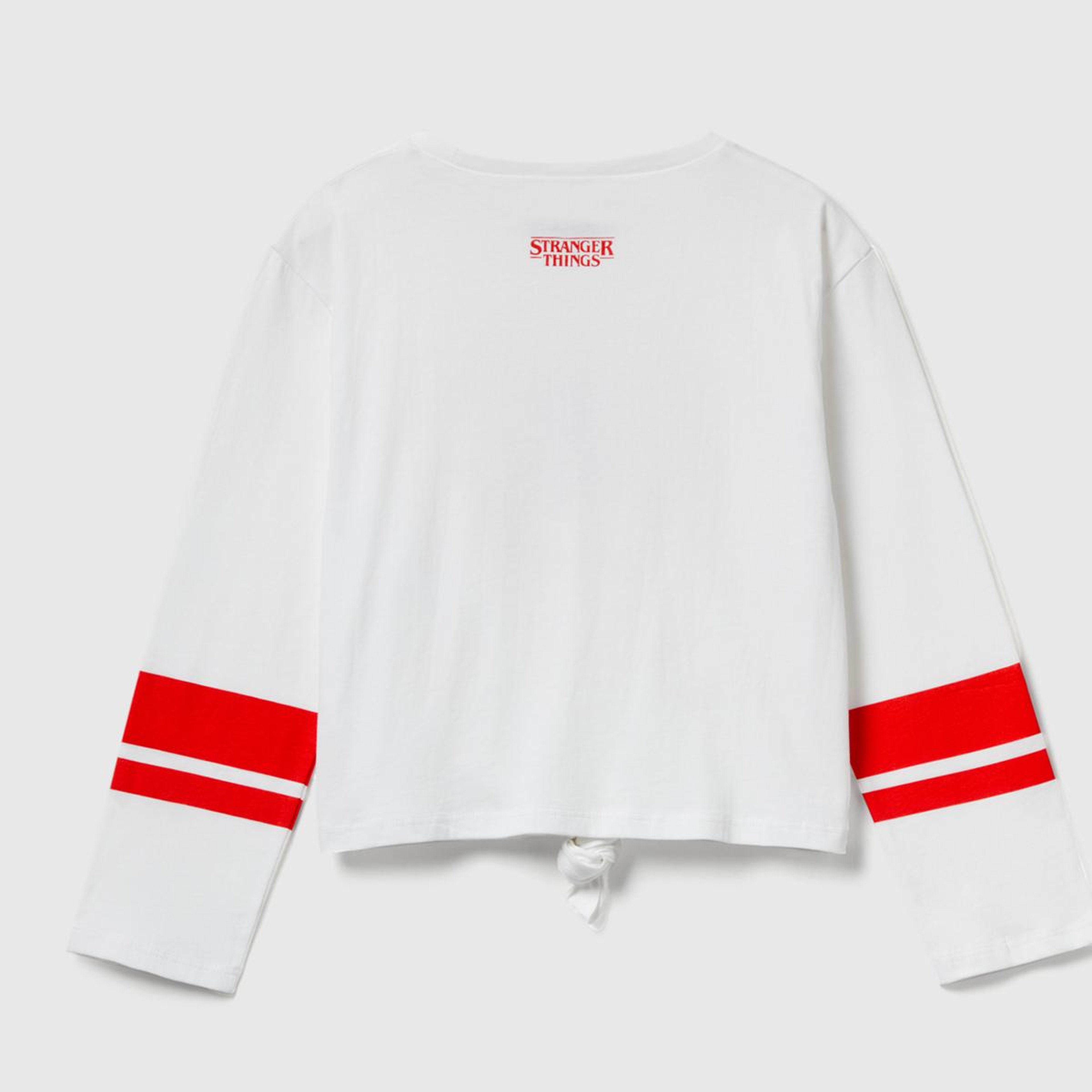 Kız Çocuk Krem %100 Pamuk Stranger Things Ön Düğüm Detaylı Kol Şerit Baskılı T-Shirt