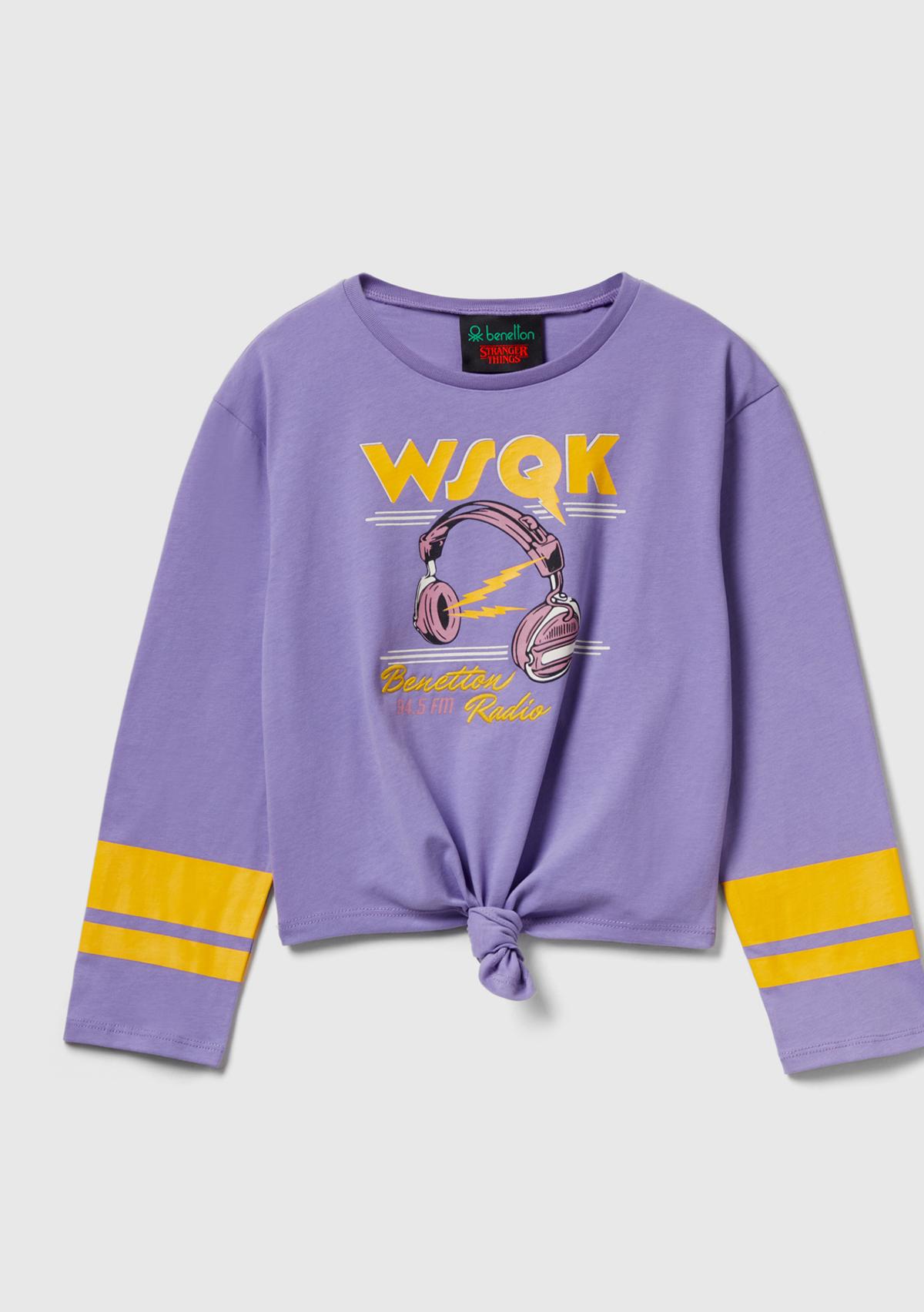 Kız Çocuk Lila %100 Pamuk Stranger Things Ön Düğüm Detaylı Kol Şerit Baskılı T-Shirt