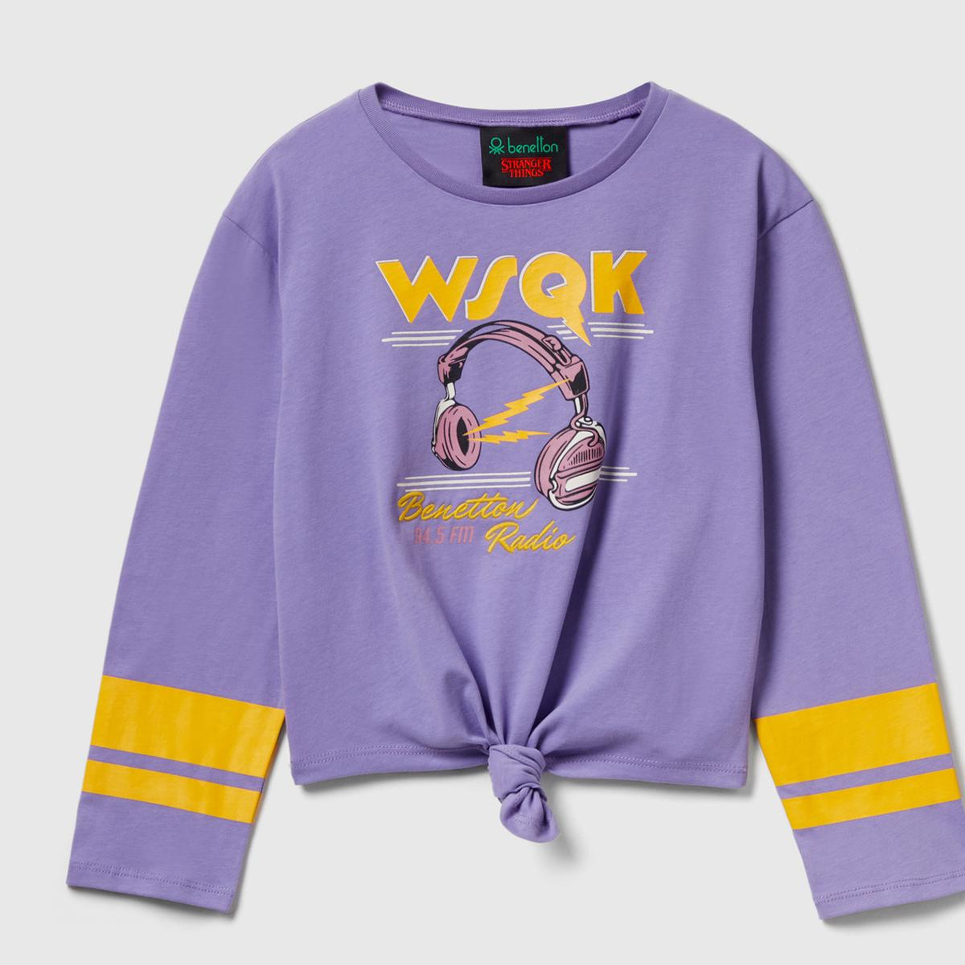 Kız Çocuk Lila %100 Pamuk Stranger Things Ön Düğüm Detaylı Kol Şerit Baskılı T-Shirt