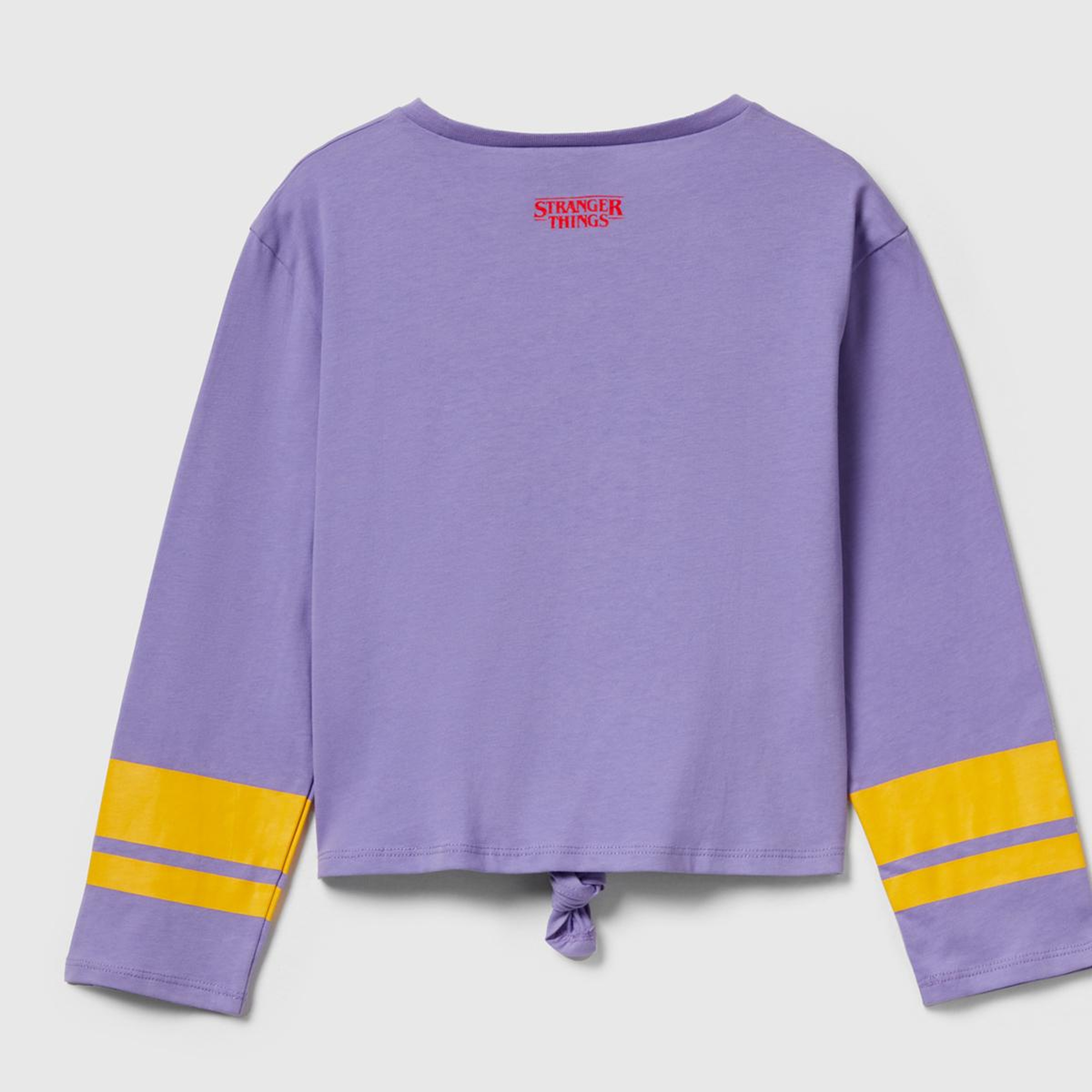 Kız Çocuk Lila %100 Pamuk Stranger Things Ön Düğüm Detaylı Kol Şerit Baskılı T-Shirt