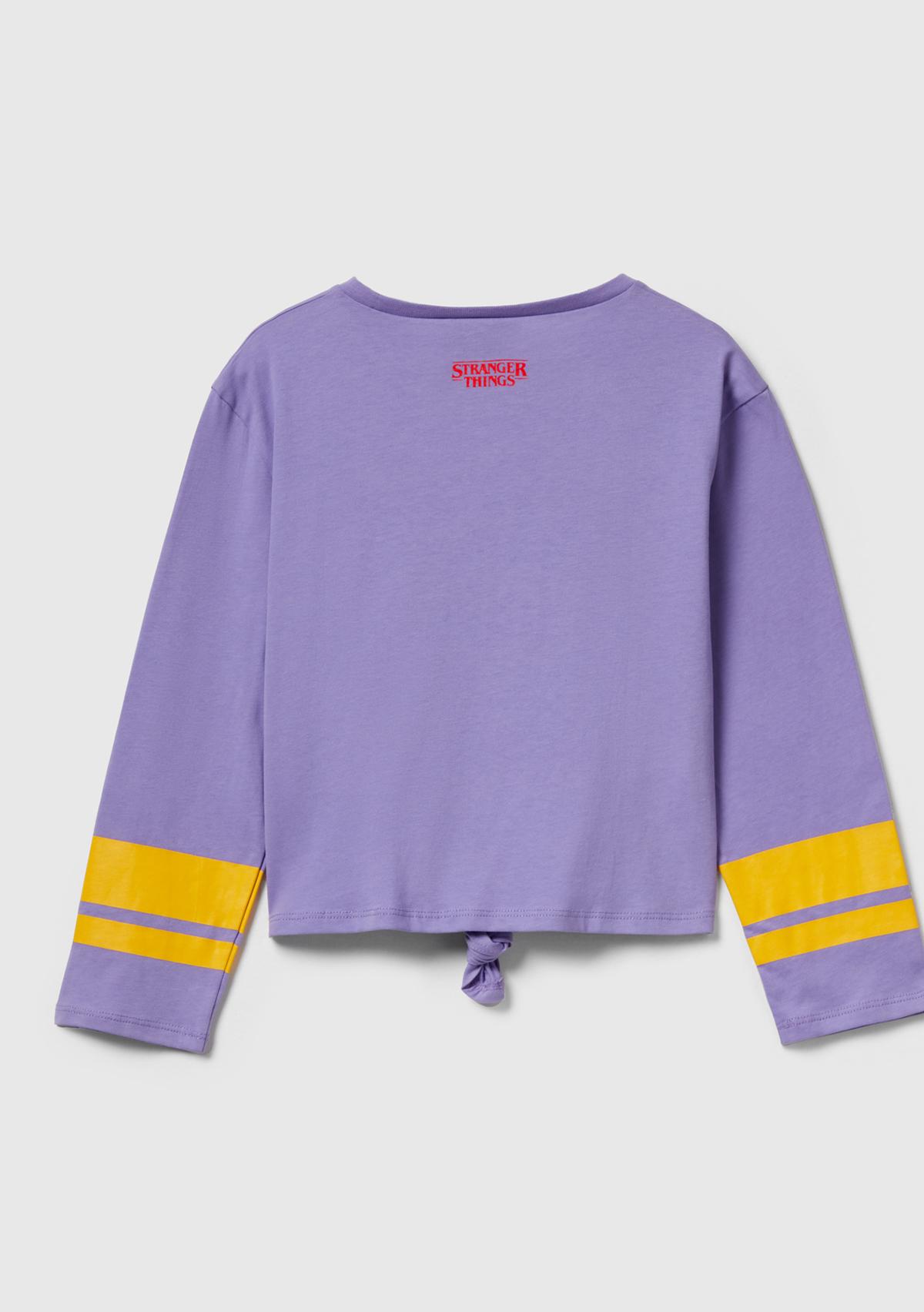 Kız Çocuk Lila %100 Pamuk Stranger Things Ön Düğüm Detaylı Kol Şerit Baskılı T-Shirt