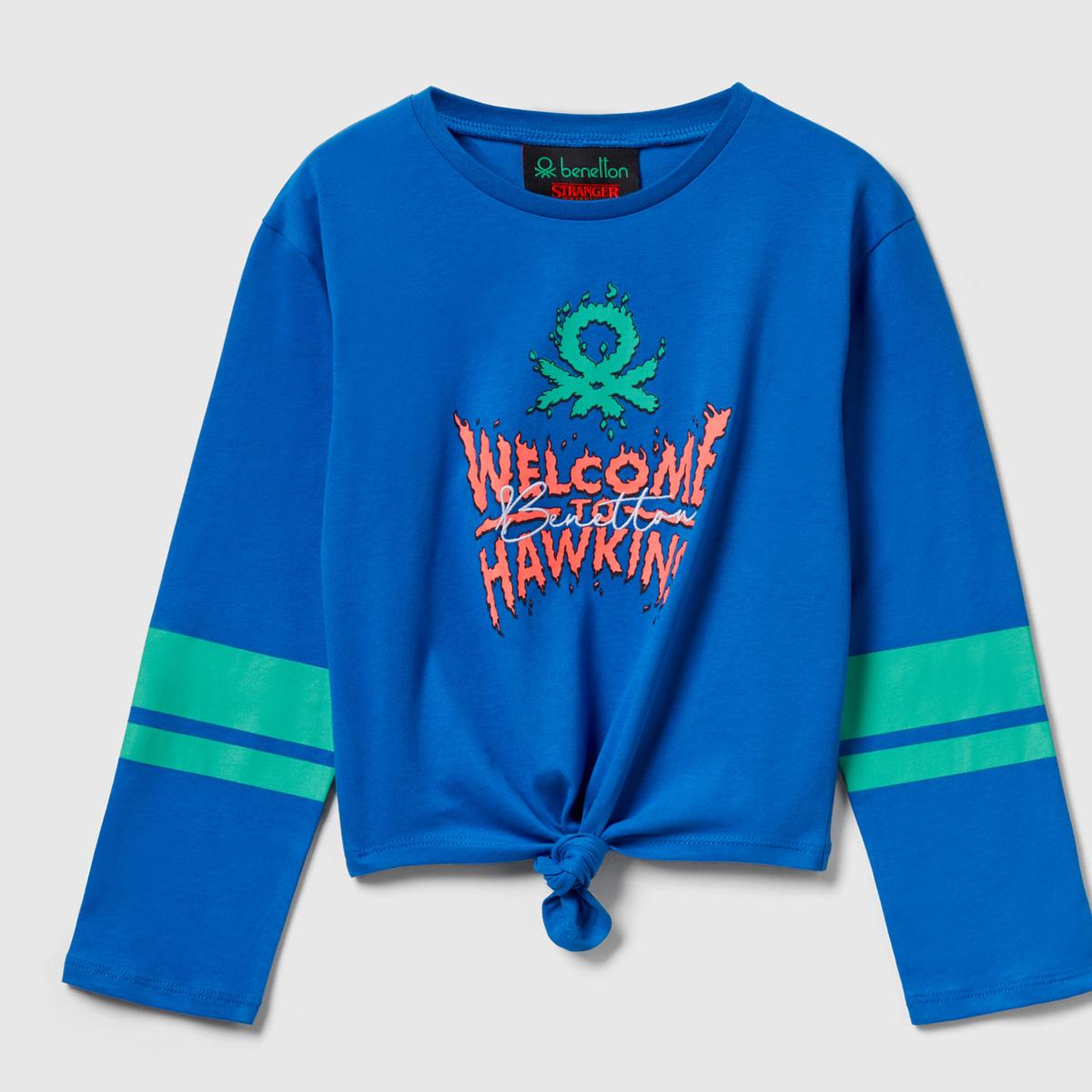 Kız Çocuk Mavi  %100 Pamuk Stranger Things Ön Düğüm Detaylı Kol Şerit Baskılı T-Shirt