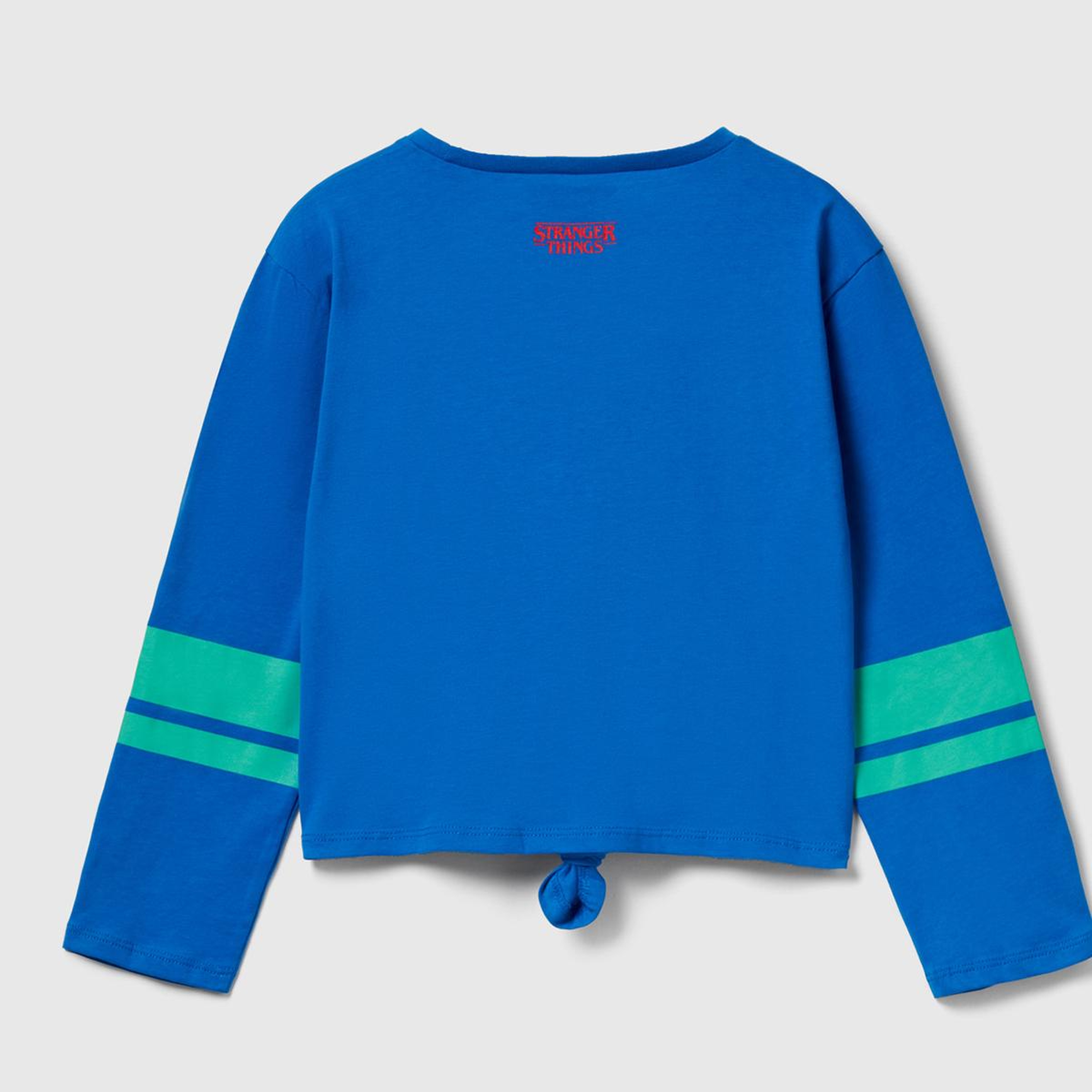 Kız Çocuk Mavi  %100 Pamuk Stranger Things Ön Düğüm Detaylı Kol Şerit Baskılı T-Shirt