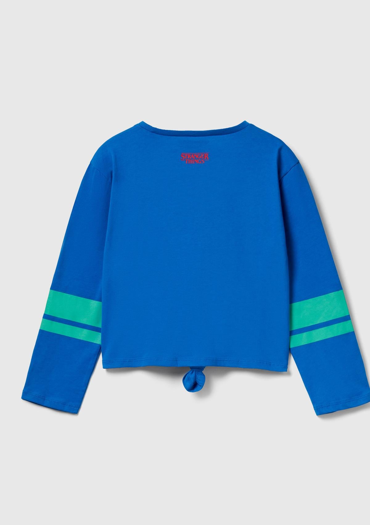 Kız Çocuk Mavi  %100 Pamuk Stranger Things Ön Düğüm Detaylı Kol Şerit Baskılı T-Shirt