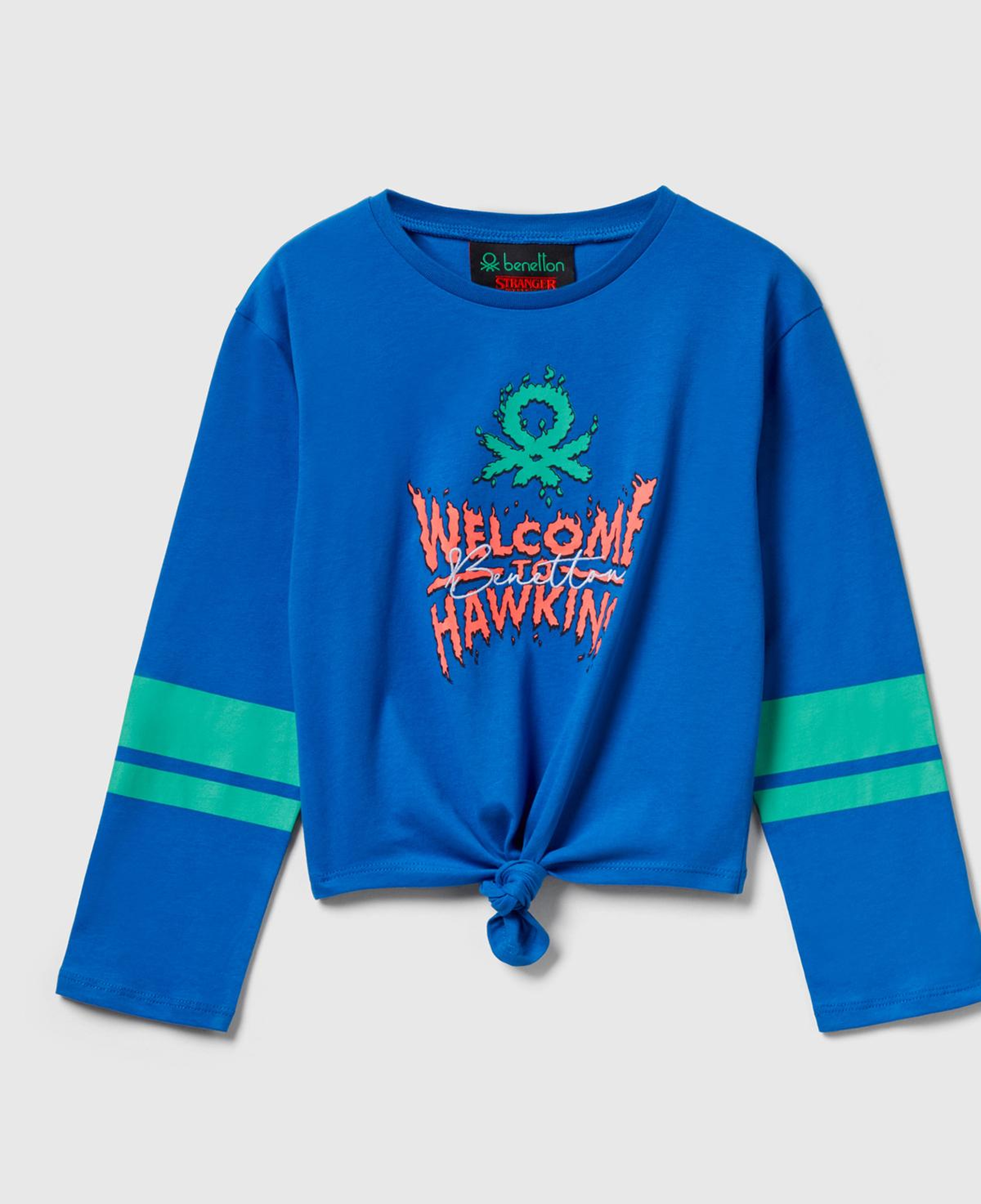 Kız Çocuk Mavi  %100 Pamuk Stranger Things Ön Düğüm Detaylı Kol Şerit Baskılı T-Shirt