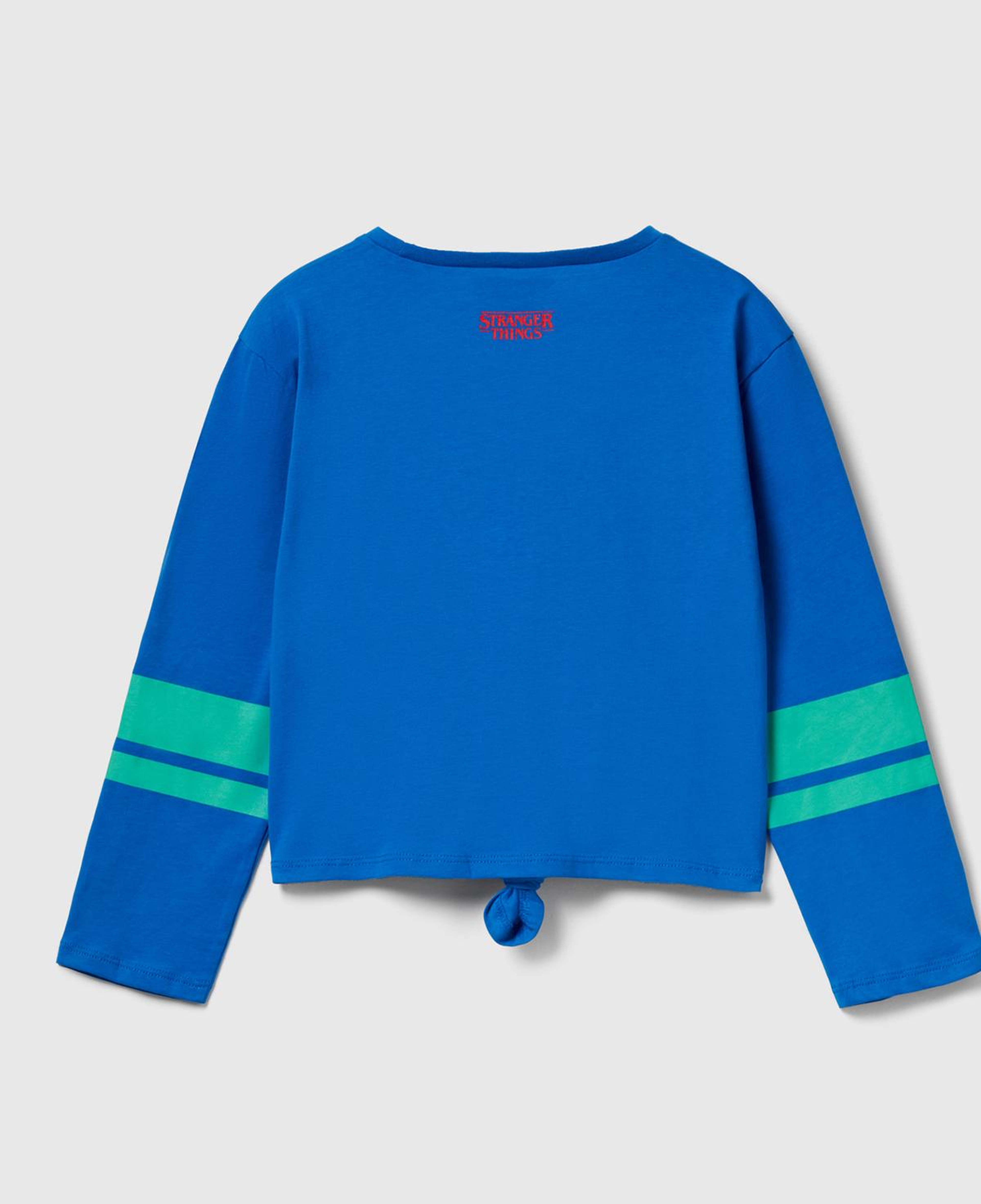 Kız Çocuk Mavi  %100 Pamuk Stranger Things Ön Düğüm Detaylı Kol Şerit Baskılı T-Shirt