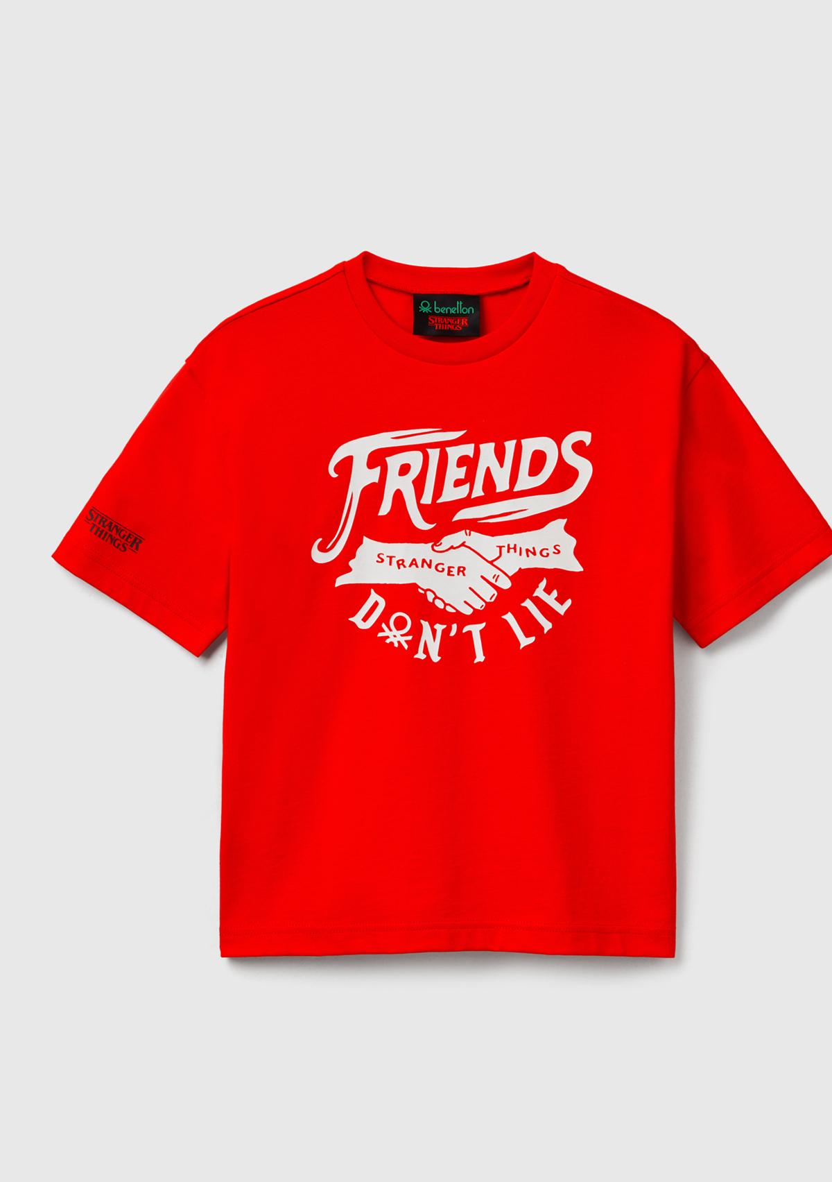Erkek Çocuk Kırmızı %100 Pamuk Stranger Things Ön Baskılı Kısa Kollu T-Shirt