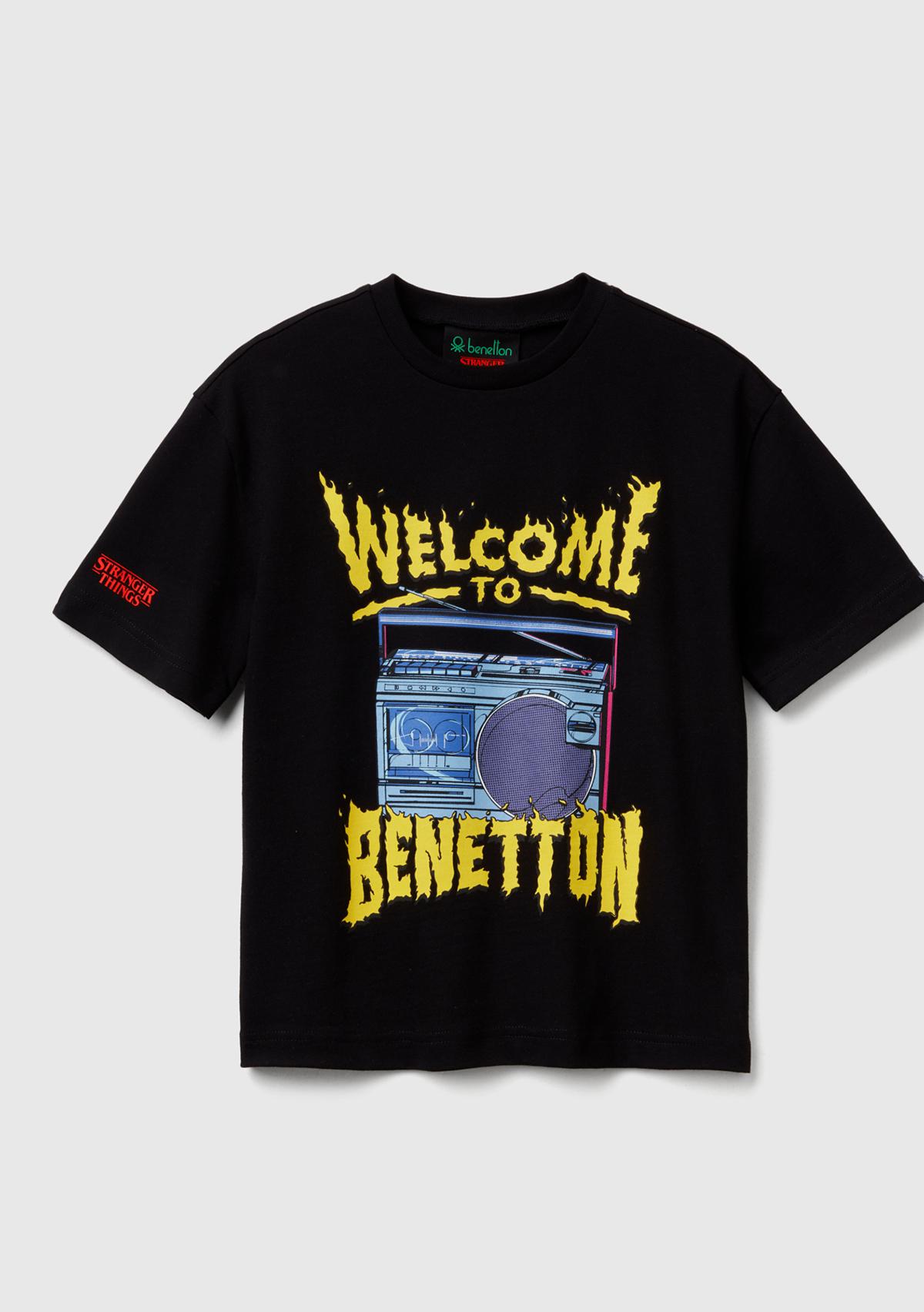 Erkek Çocuk Siyah %100 Pamuk Stranger Things Ön Baskılı Kısa Kollu T-Shirt