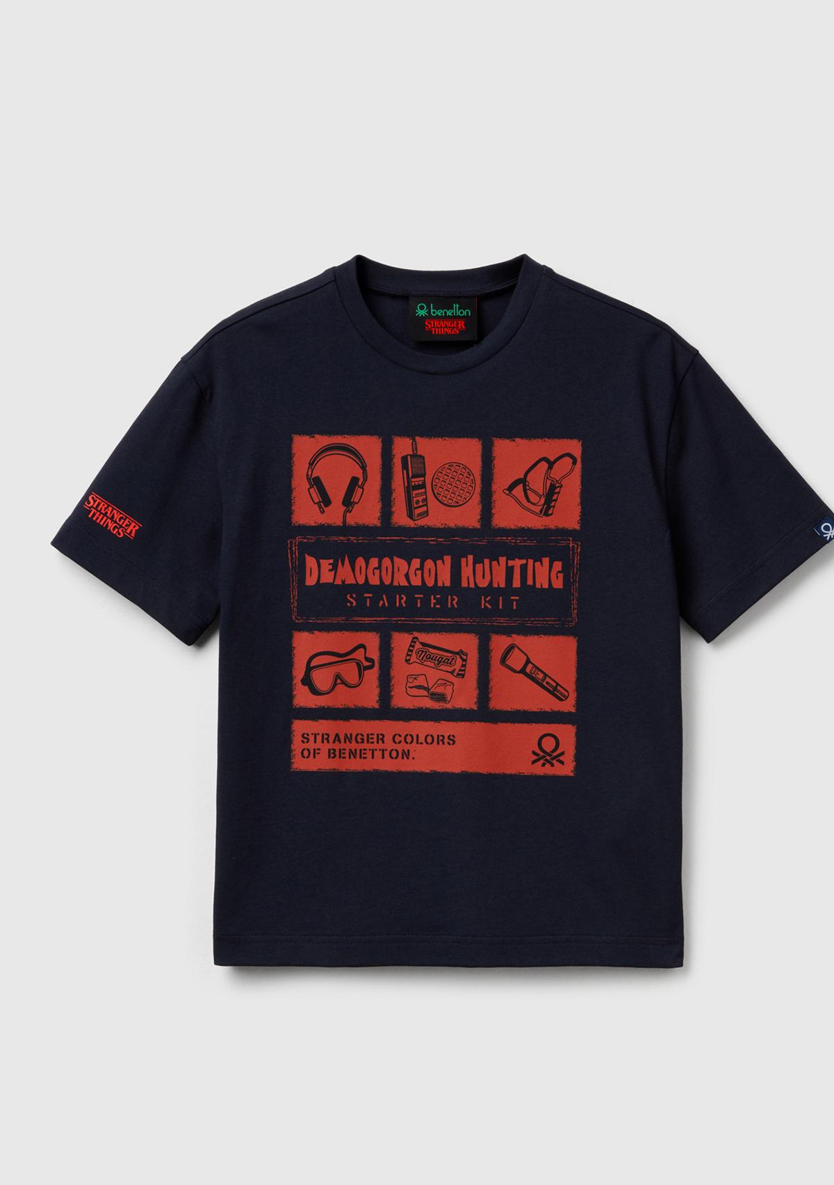 Erkek Çocuk Lacivert %100 Pamuk Stranger Things Ön Baskılı Kısa Kollu T-Shirt