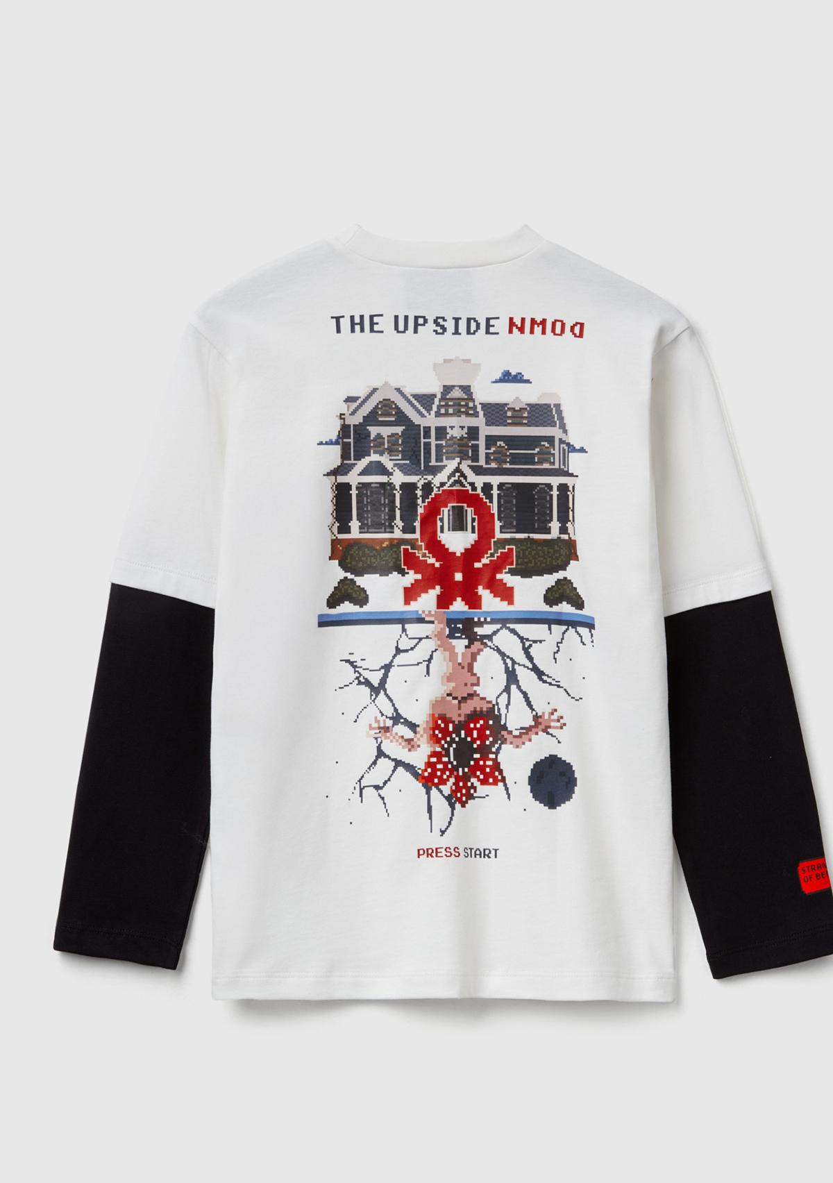Erkek Çocuk Krem %100 Pamuk Stranger Things Çift Kollu Baskılı Uzun Kollu T-Shirt