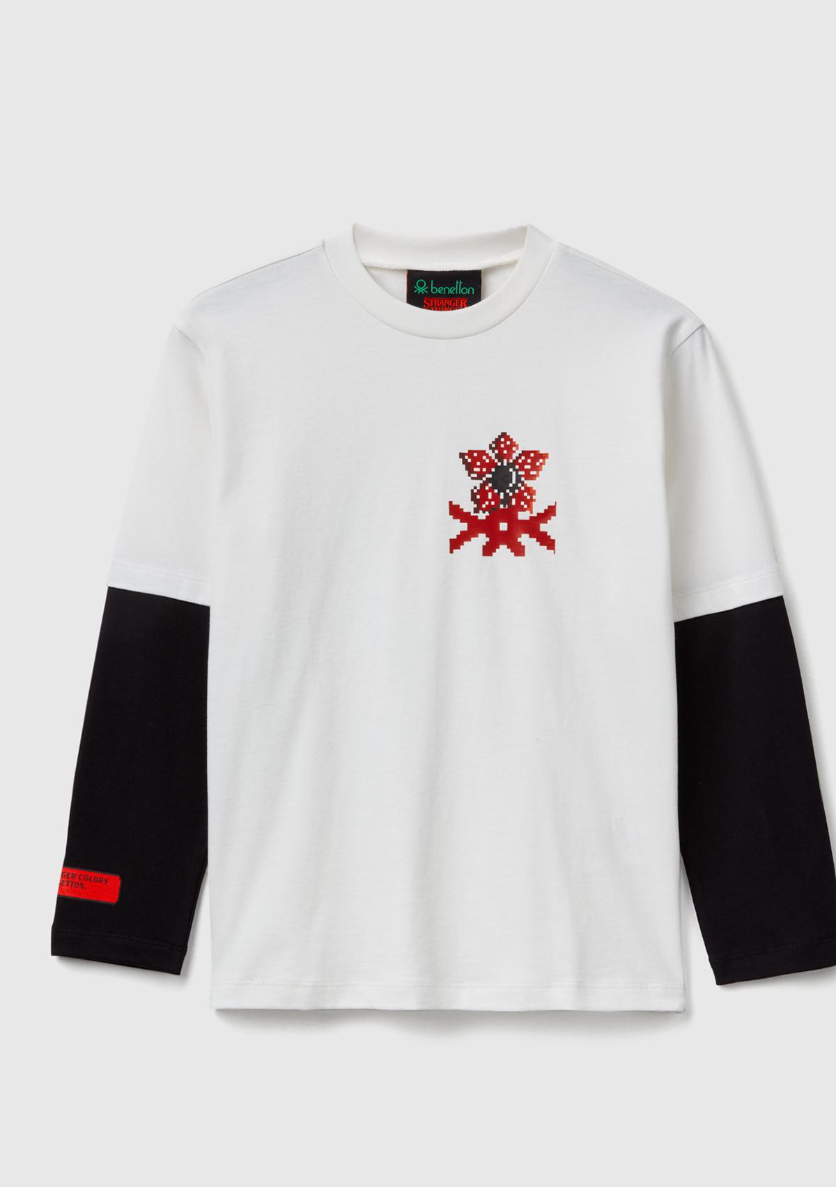 Erkek Çocuk Krem %100 Pamuk Stranger Things Çift Kollu Baskılı Uzun Kollu T-Shirt