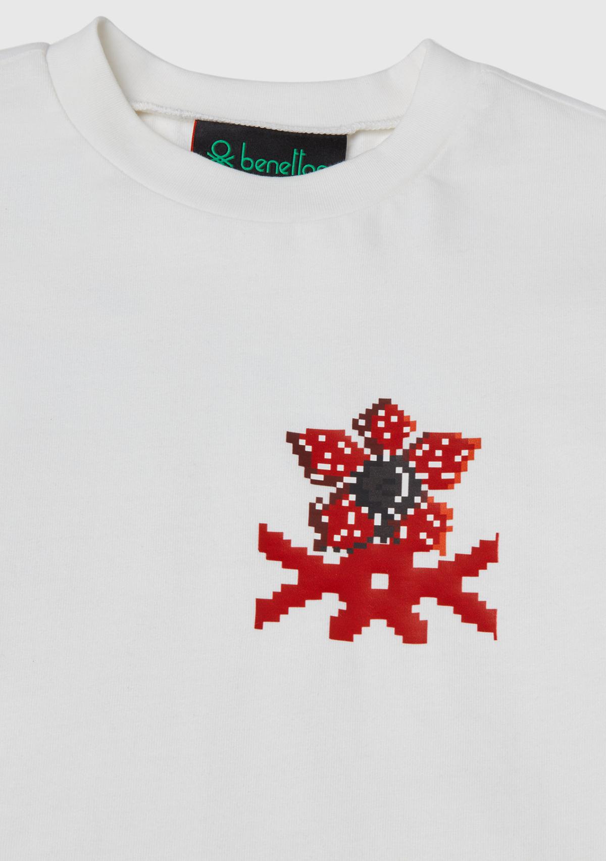 Erkek Çocuk Krem %100 Pamuk Stranger Things Çift Kollu Baskılı Uzun Kollu T-Shirt