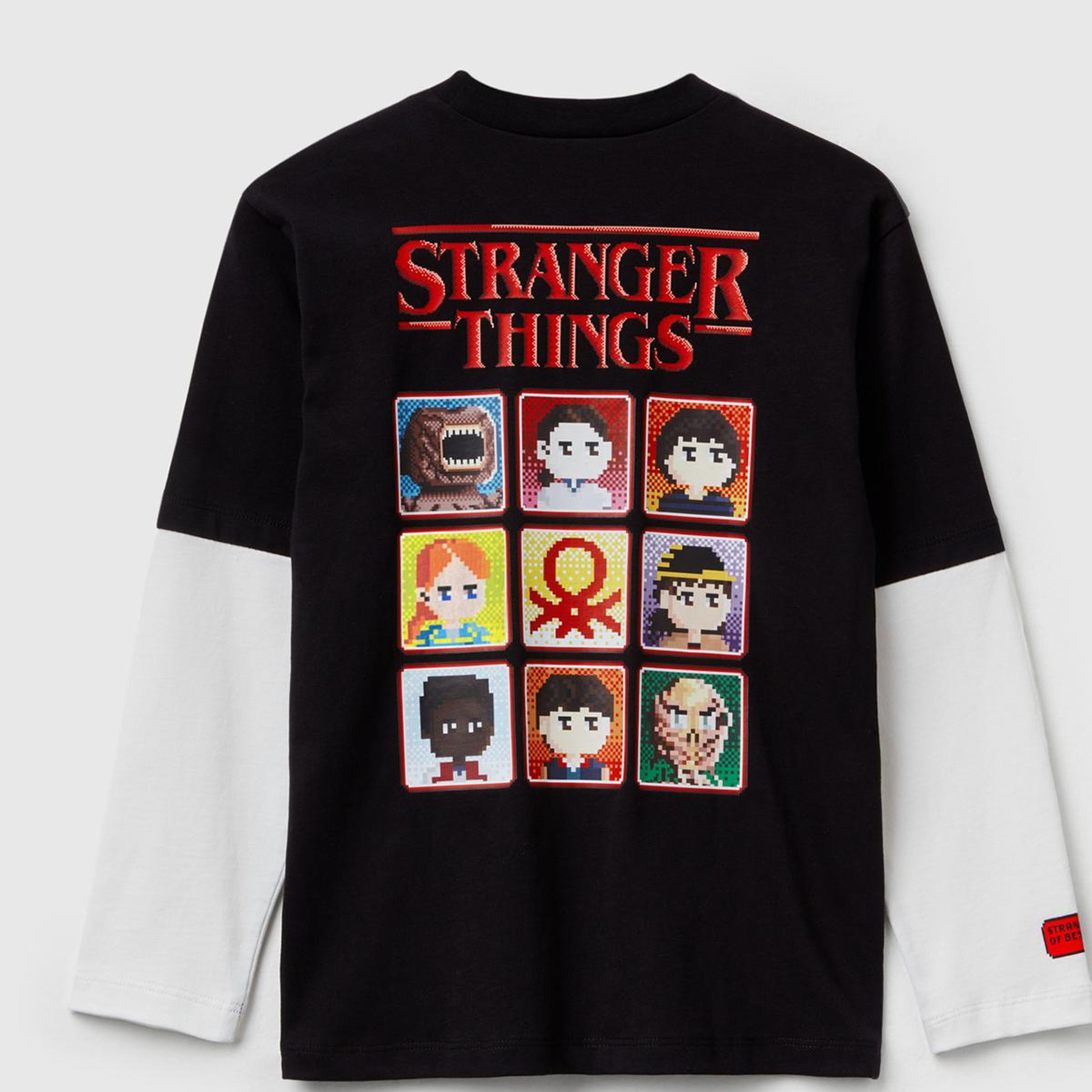 Erkek Çocuk Siyah %100 Pamuk Stranger Things Çift Kollu Baskılı Uzun Kollu T-Shirt