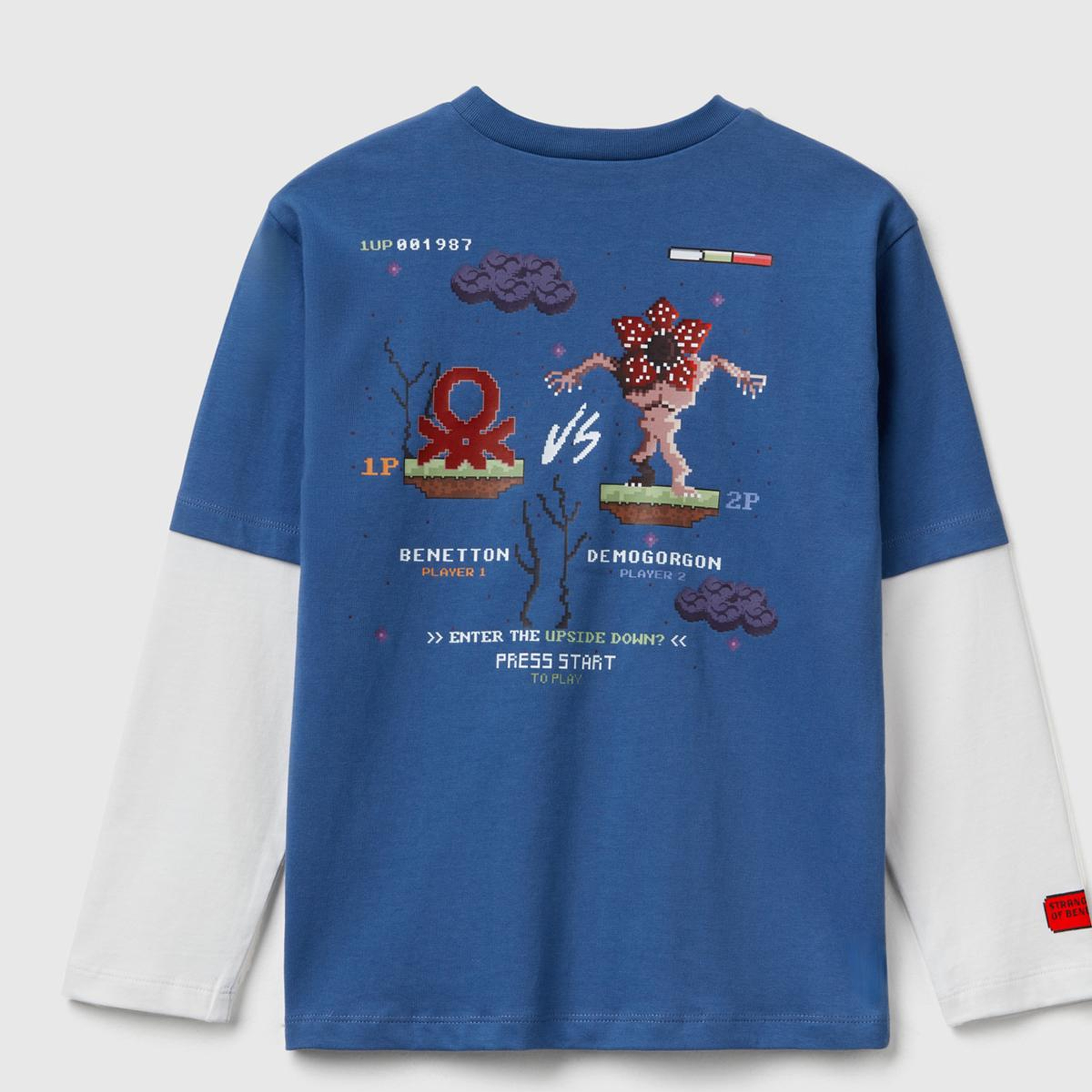 Erkek Çocuk Mavi %100 Pamuk Stranger Things Çift Kollu Baskılı Uzun Kollu T-Shirt