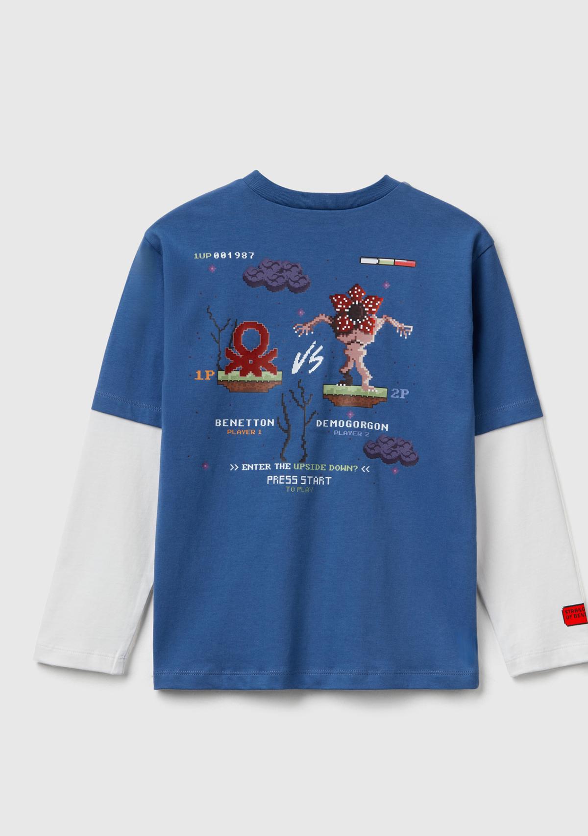 Erkek Çocuk Mavi %100 Pamuk Stranger Things Çift Kollu Baskılı Uzun Kollu T-Shirt