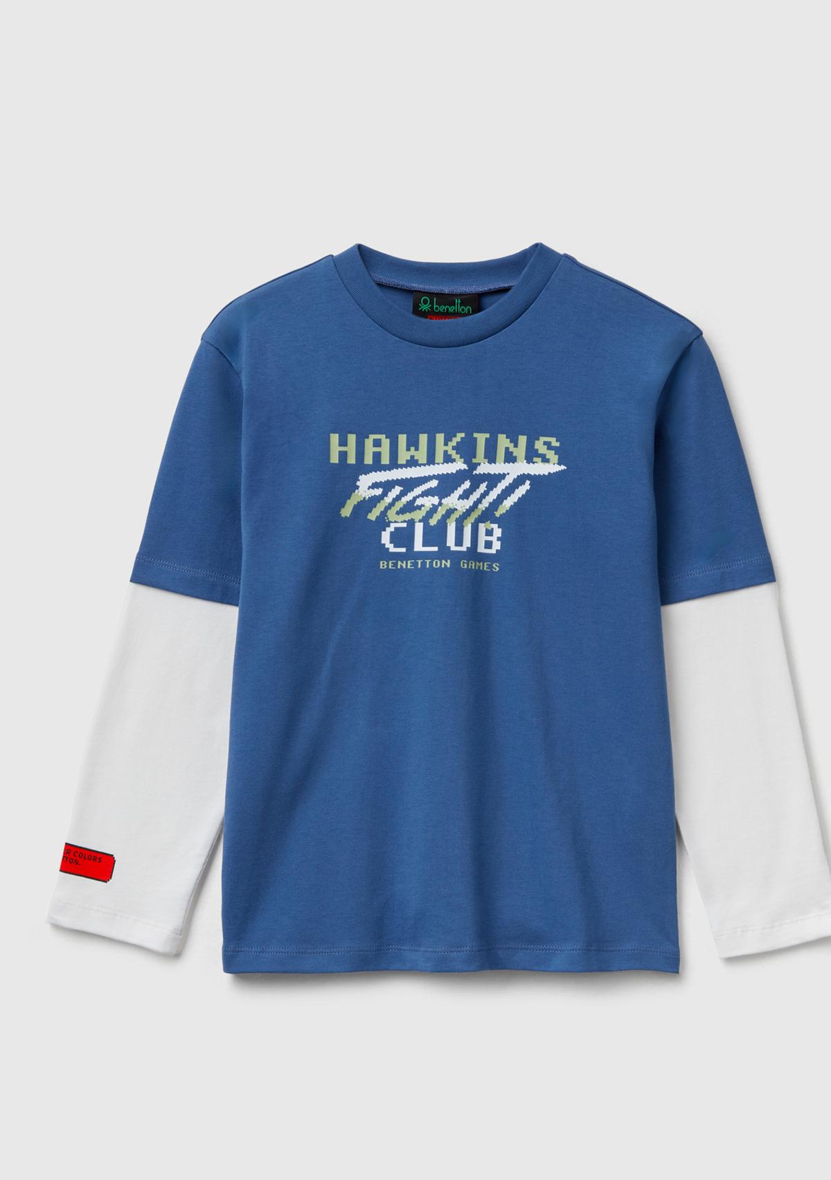 Erkek Çocuk Mavi %100 Pamuk Stranger Things Çift Kollu Baskılı Uzun Kollu T-Shirt