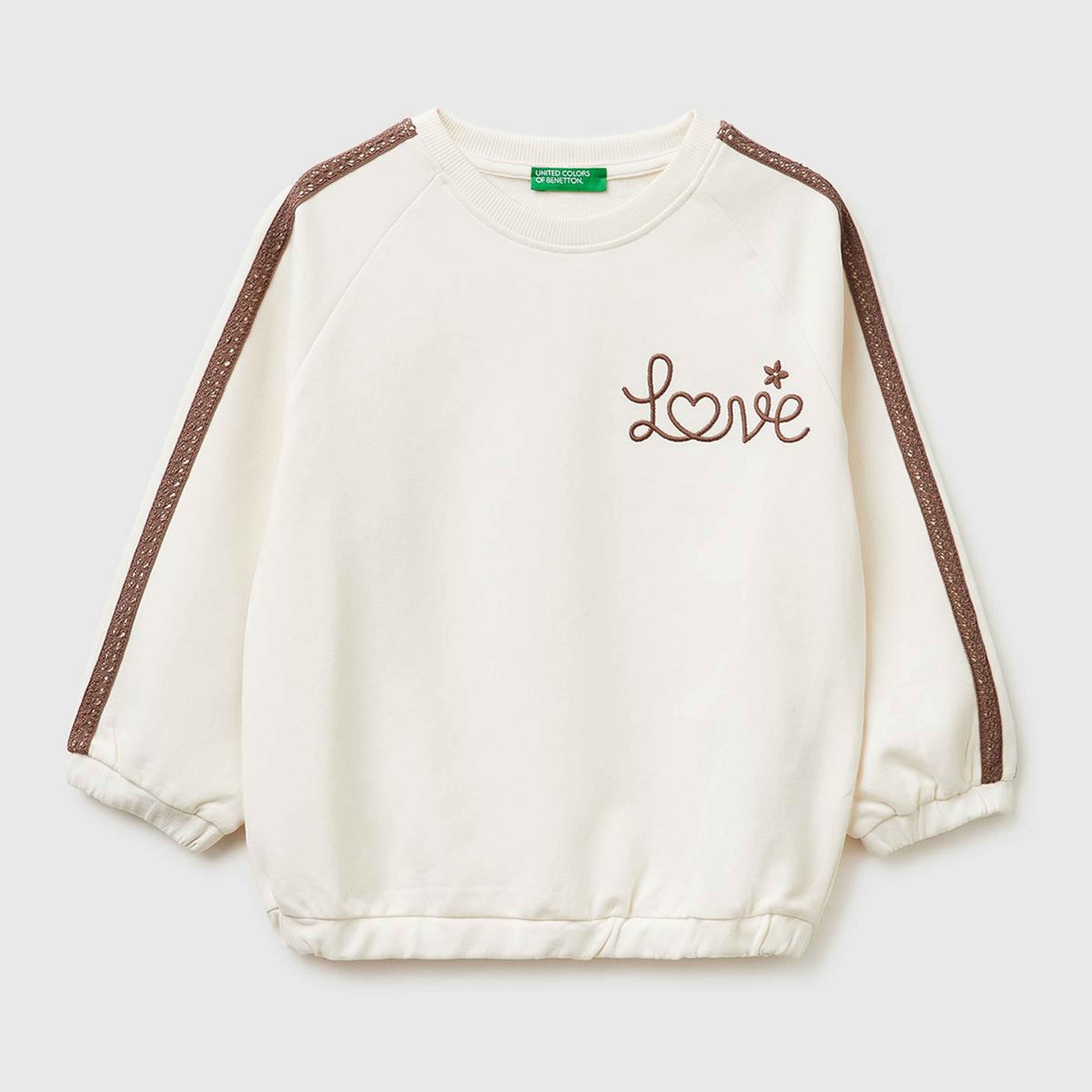 Kız Çocuk Ekru Logo İşlemeli Ribanalı Bisiklet Yaka Sweatshirt