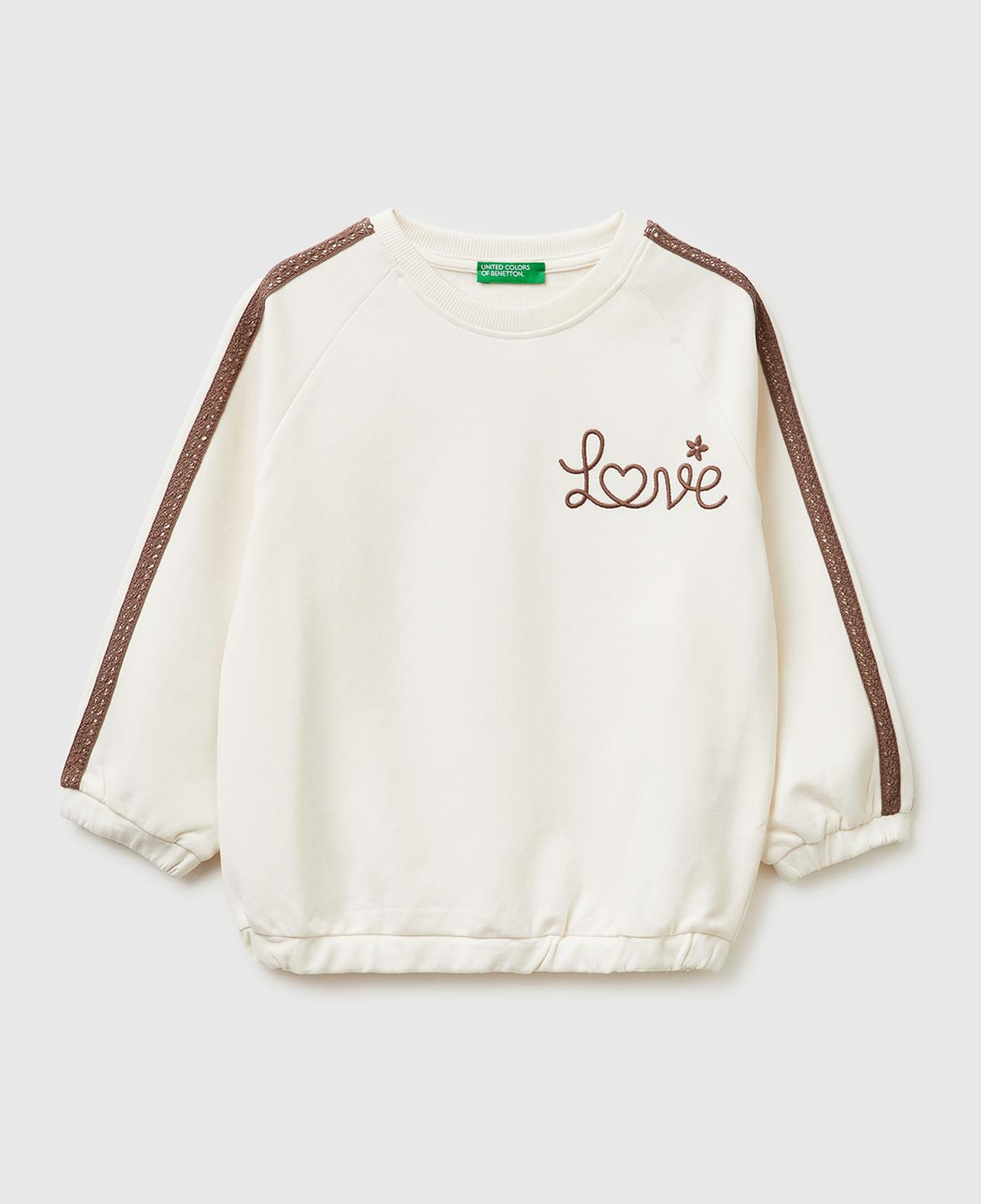 Kız Çocuk Ekru Logo İşlemeli Ribanalı Bisiklet Yaka Sweatshirt