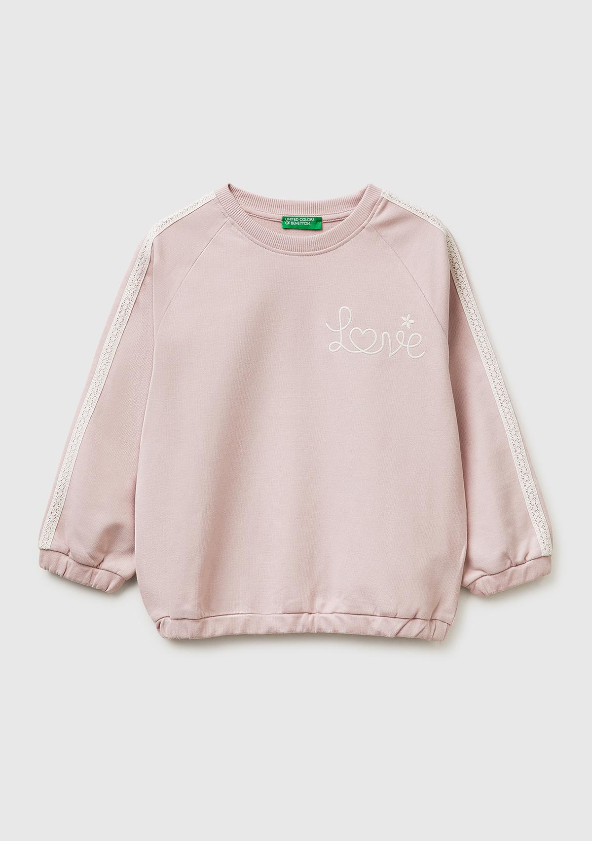 Kız Çocuk Gül Kurusu Logo İşlemeli Ribanalı Bisiklet Yaka Sweatshirt