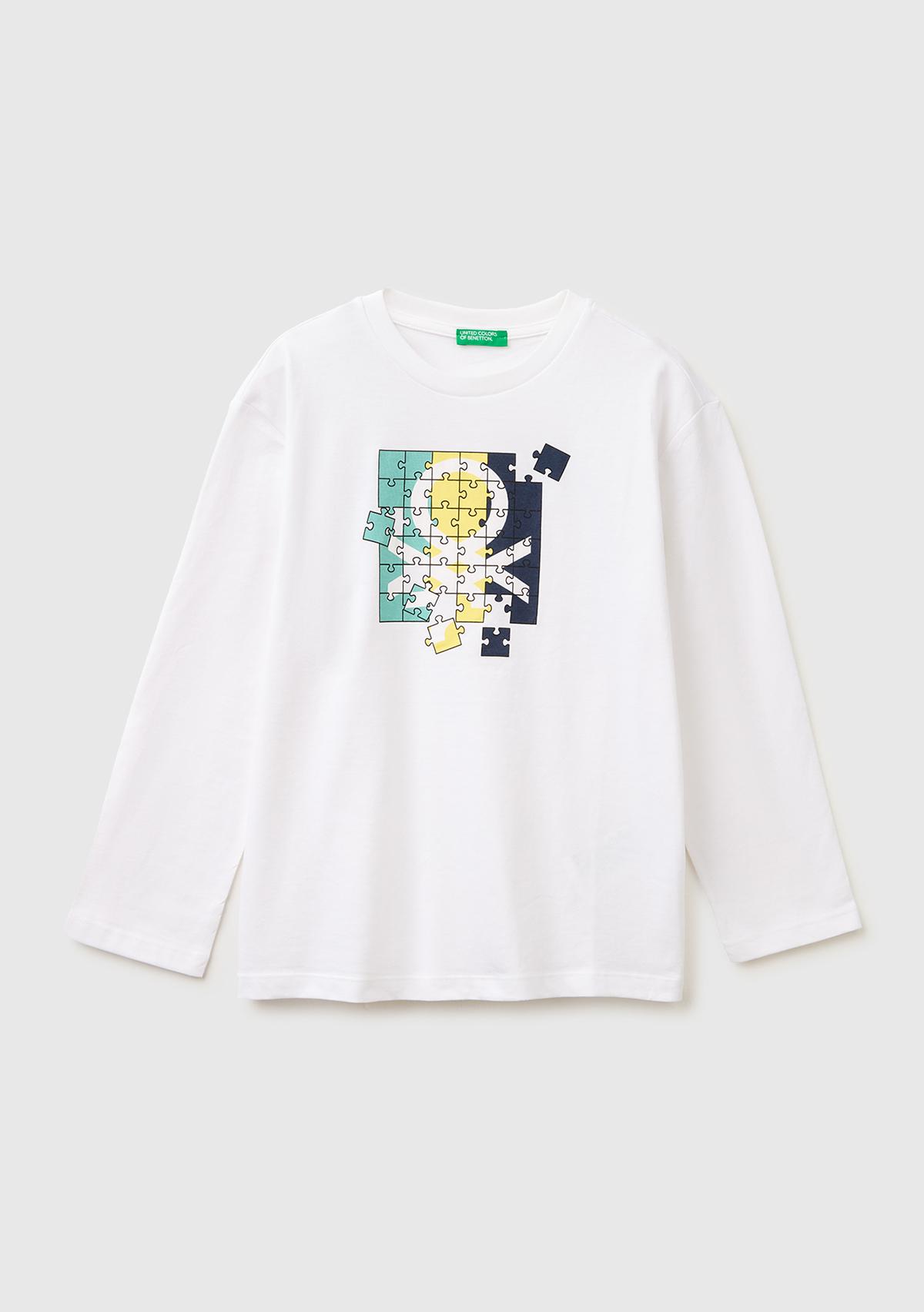 Erkek Çocuk Beyaz Önü Logo Baskılı Bisiklet Yaka Uzun Kollu T-Shirt