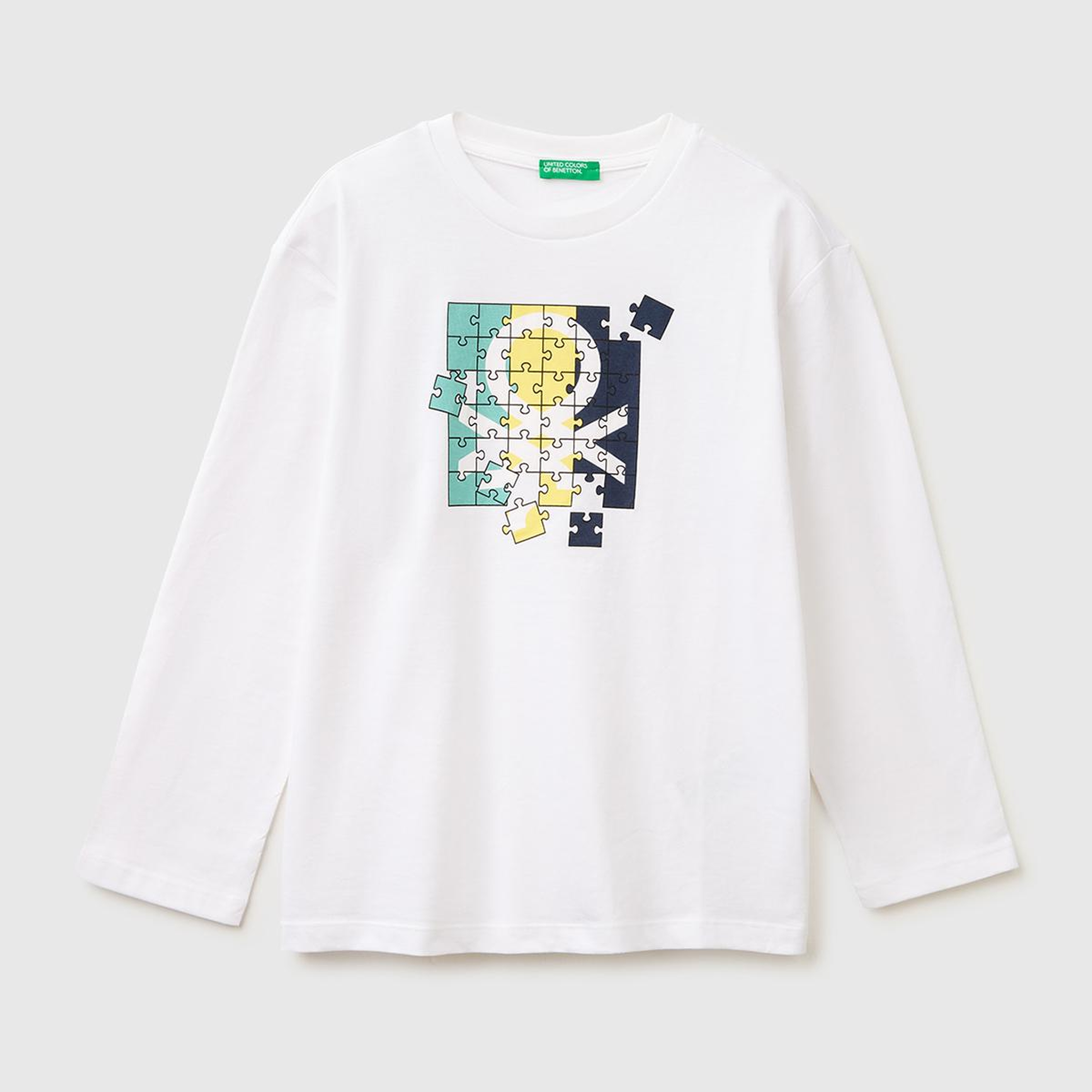 Erkek Çocuk Beyaz Önü Logo Baskılı Bisiklet Yaka Uzun Kollu T-Shirt