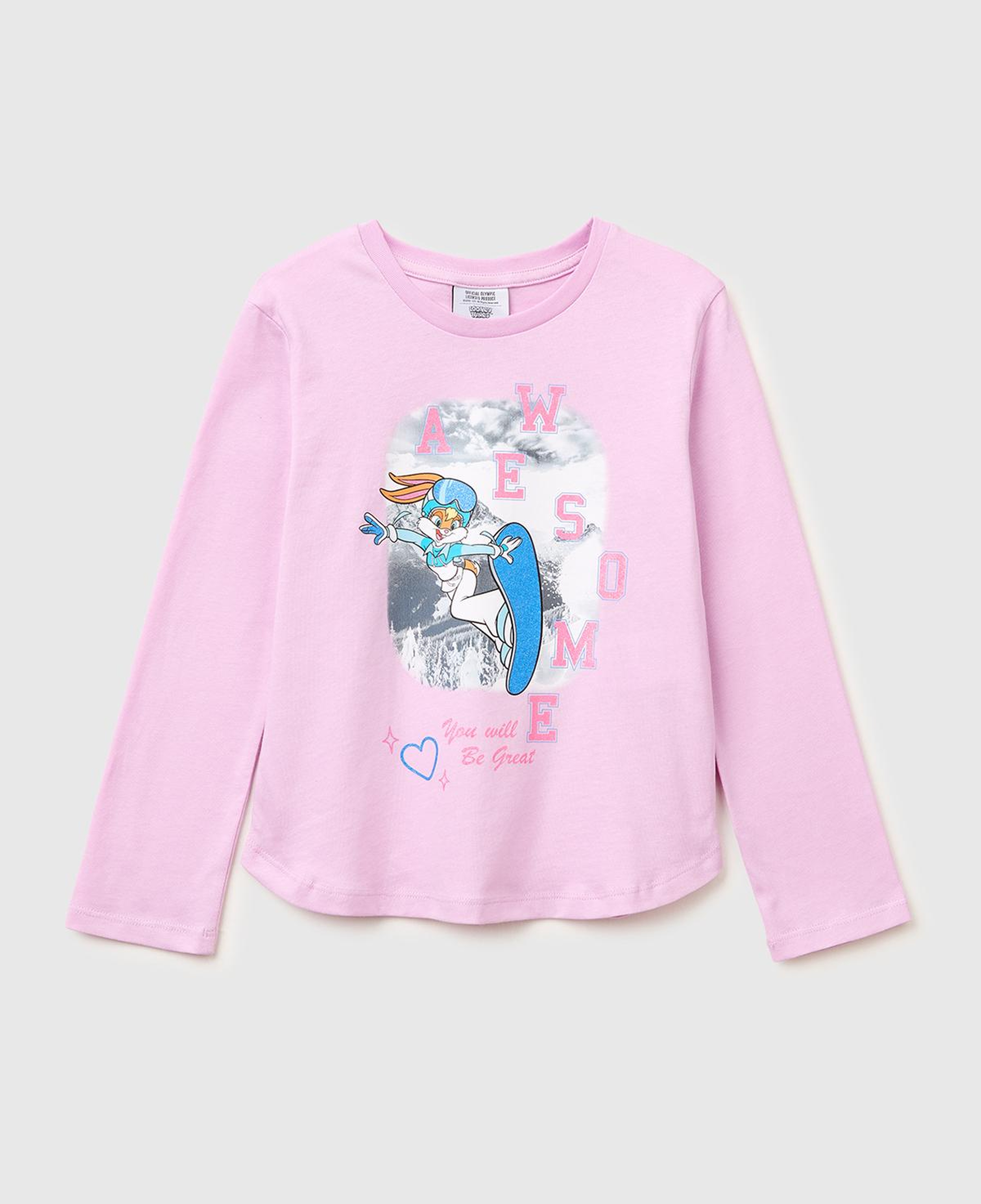 Kız Çocuk Pembe Looney Tunes Baskılı Uzun Kollu Yuvarlak Yaka T-Shirt