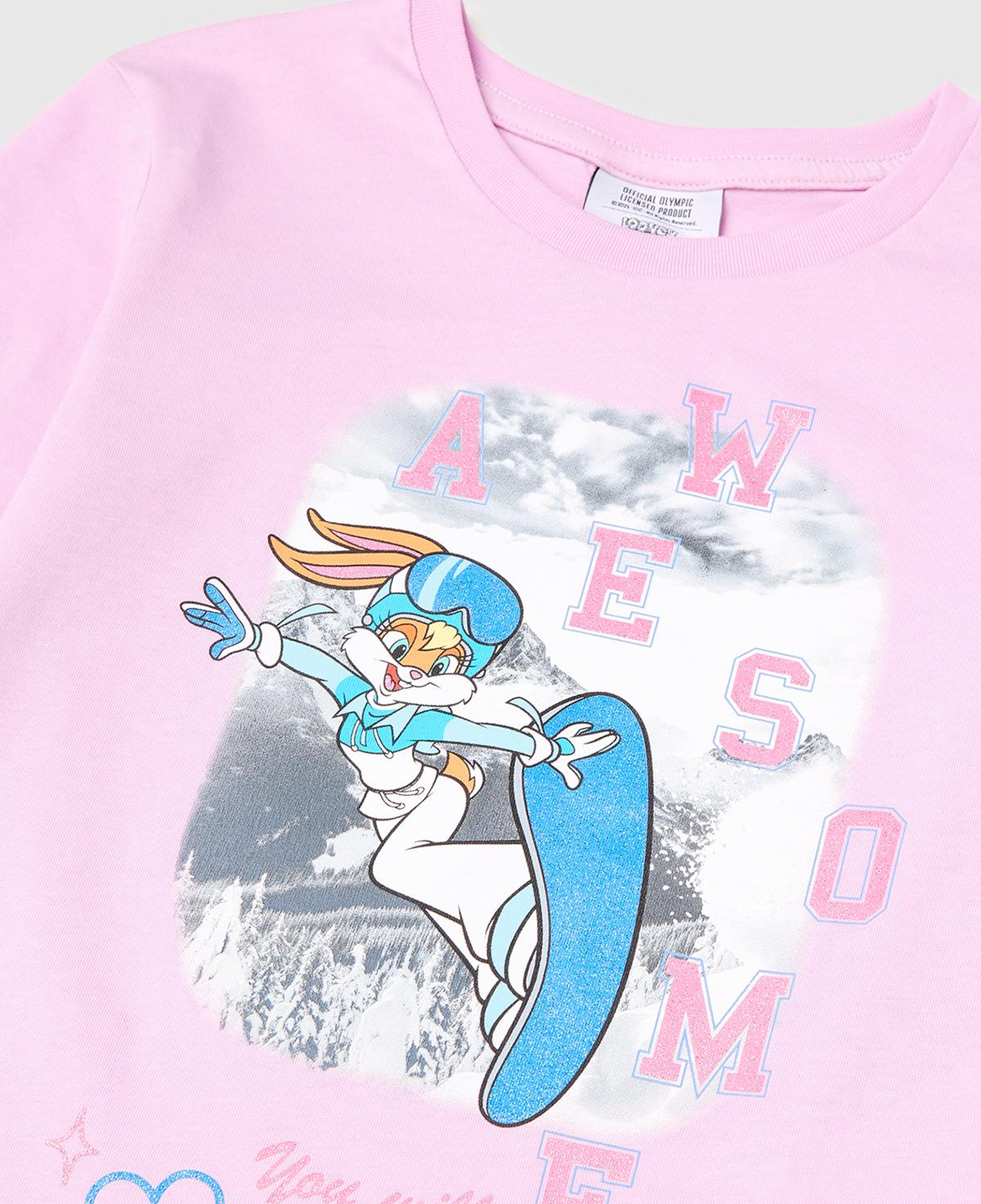 Kız Çocuk Pembe Looney Tunes Baskılı Uzun Kollu Yuvarlak Yaka T-Shirt