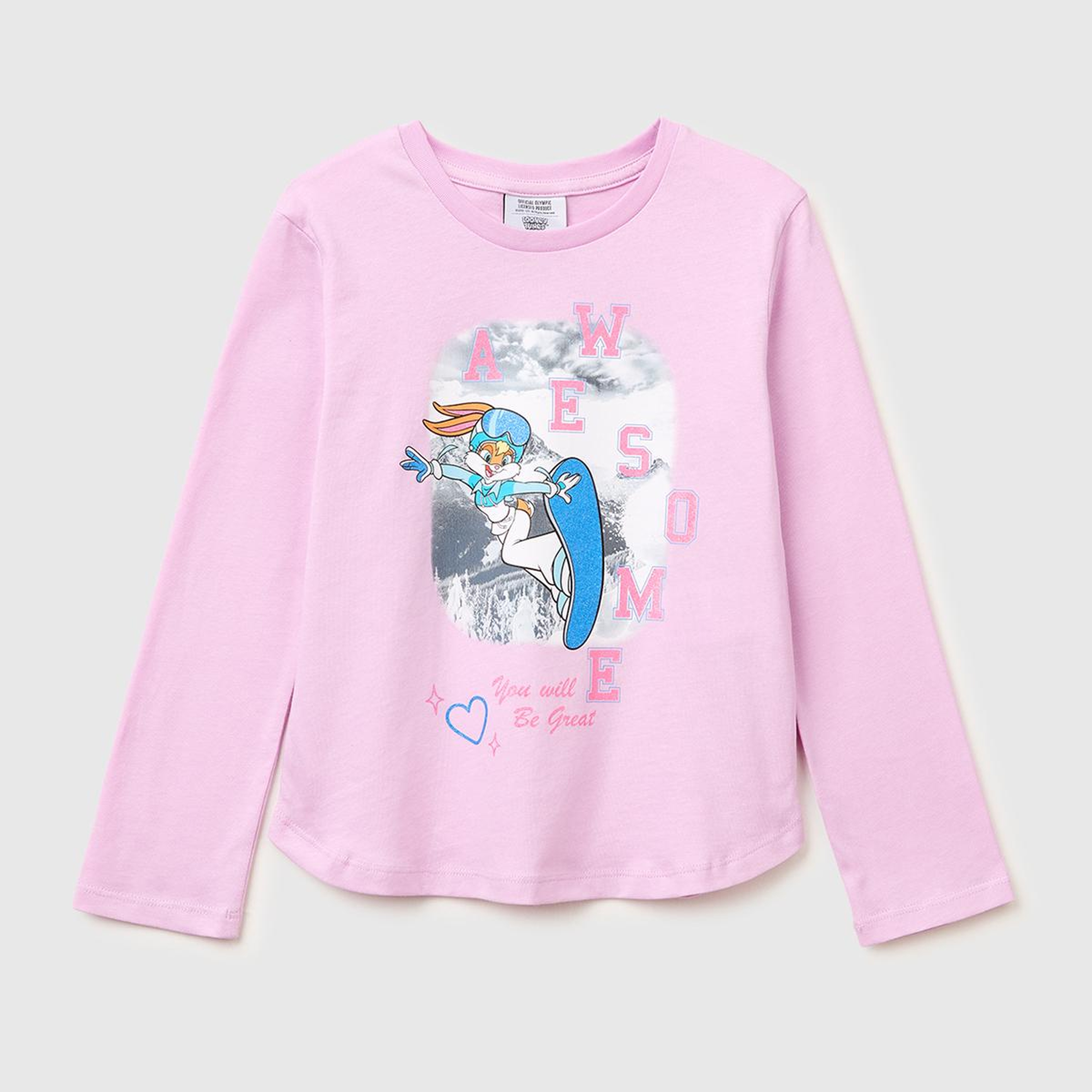 Kız Çocuk Pembe Looney Tunes Baskılı Uzun Kollu Yuvarlak Yaka T-Shirt
