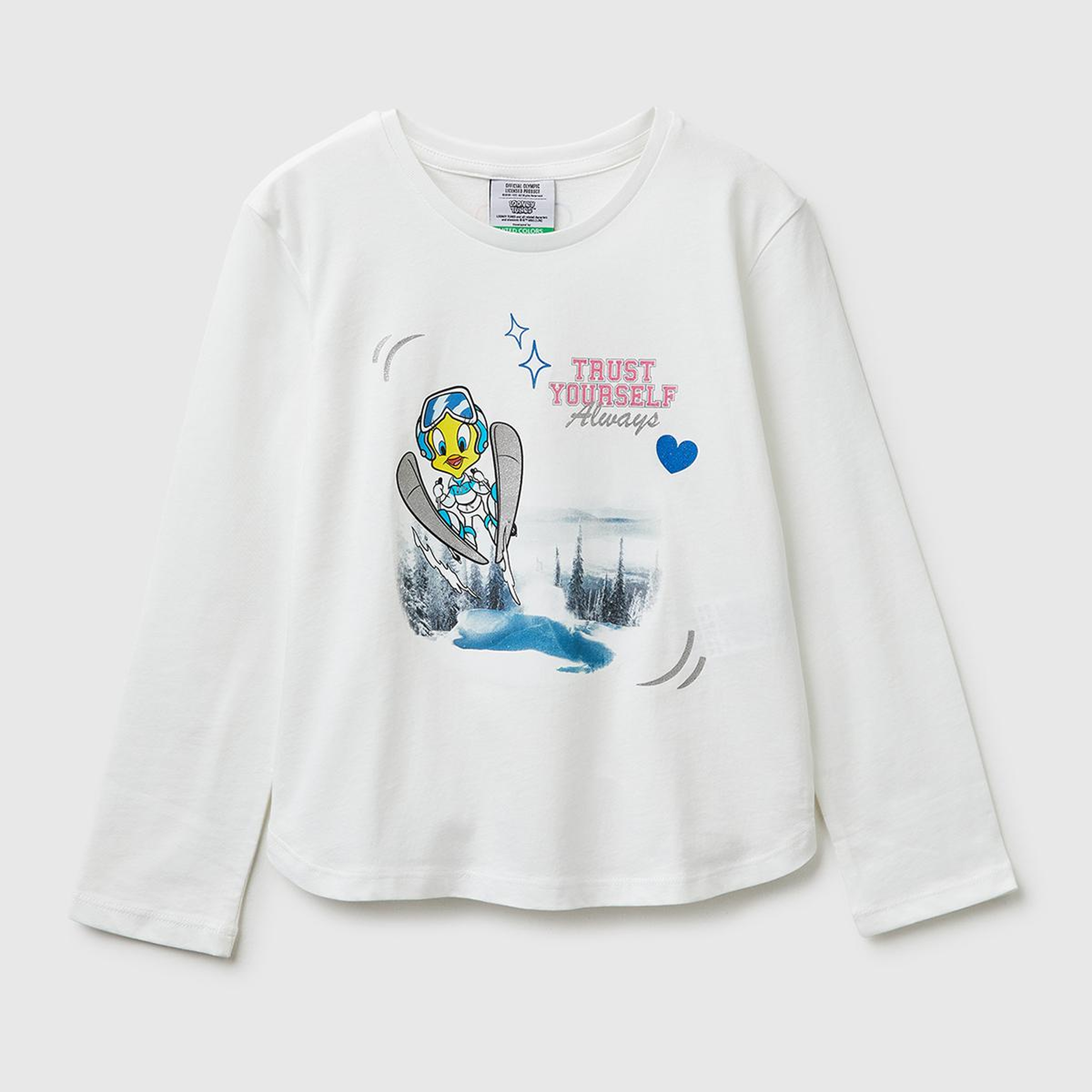 Kız Çocuk Beyaz Looney Tunes Baskılı Uzun Kollu Yuvarlak Yaka T-Shirt