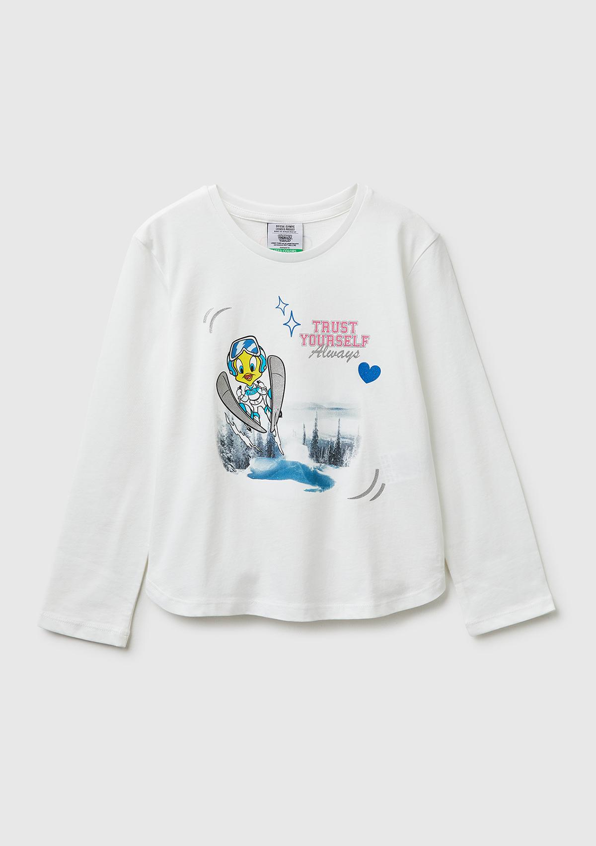 Kız Çocuk Beyaz Looney Tunes Baskılı Uzun Kollu Yuvarlak Yaka T-Shirt
