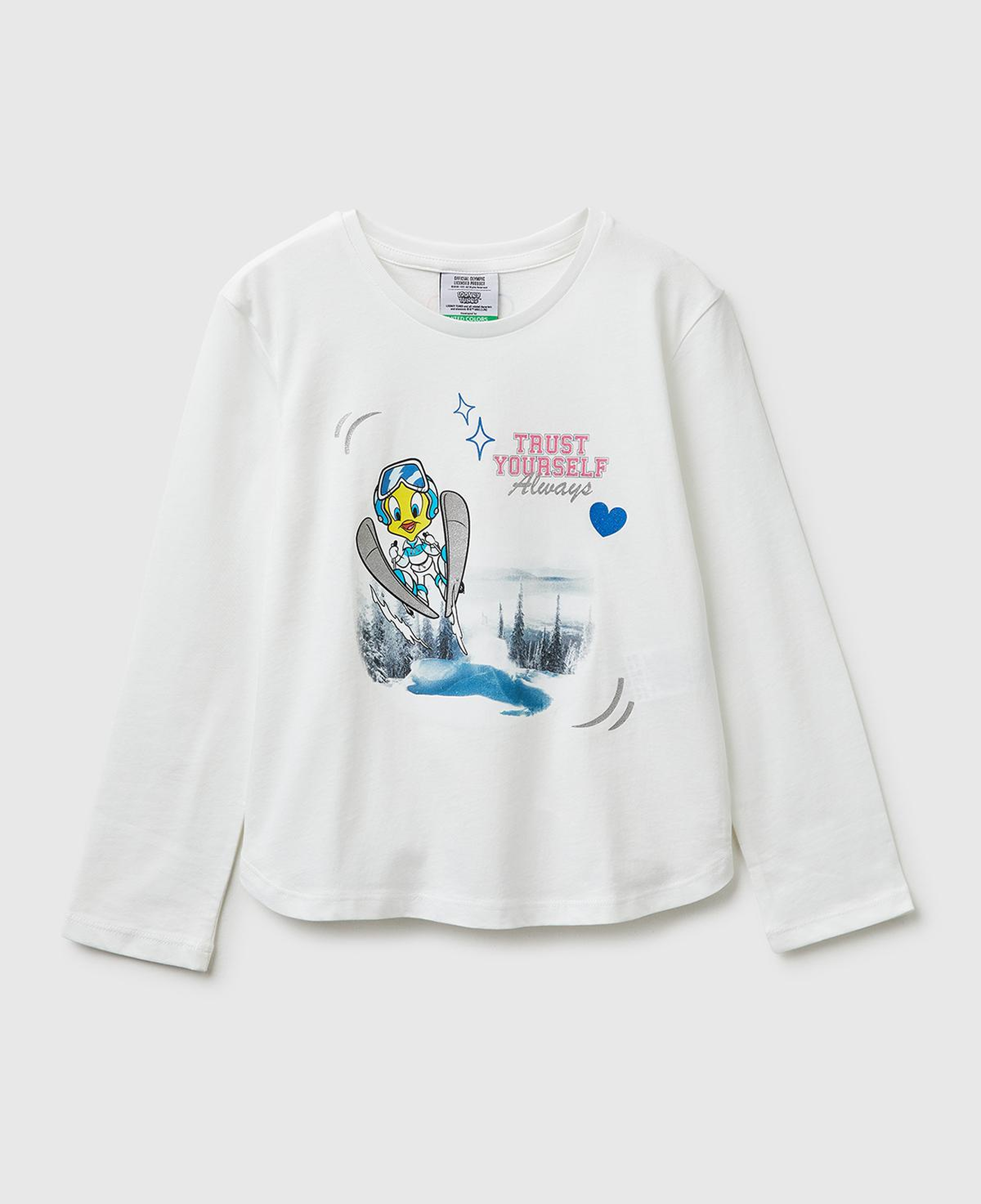 Kız Çocuk Beyaz Looney Tunes Baskılı Uzun Kollu Yuvarlak Yaka T-Shirt