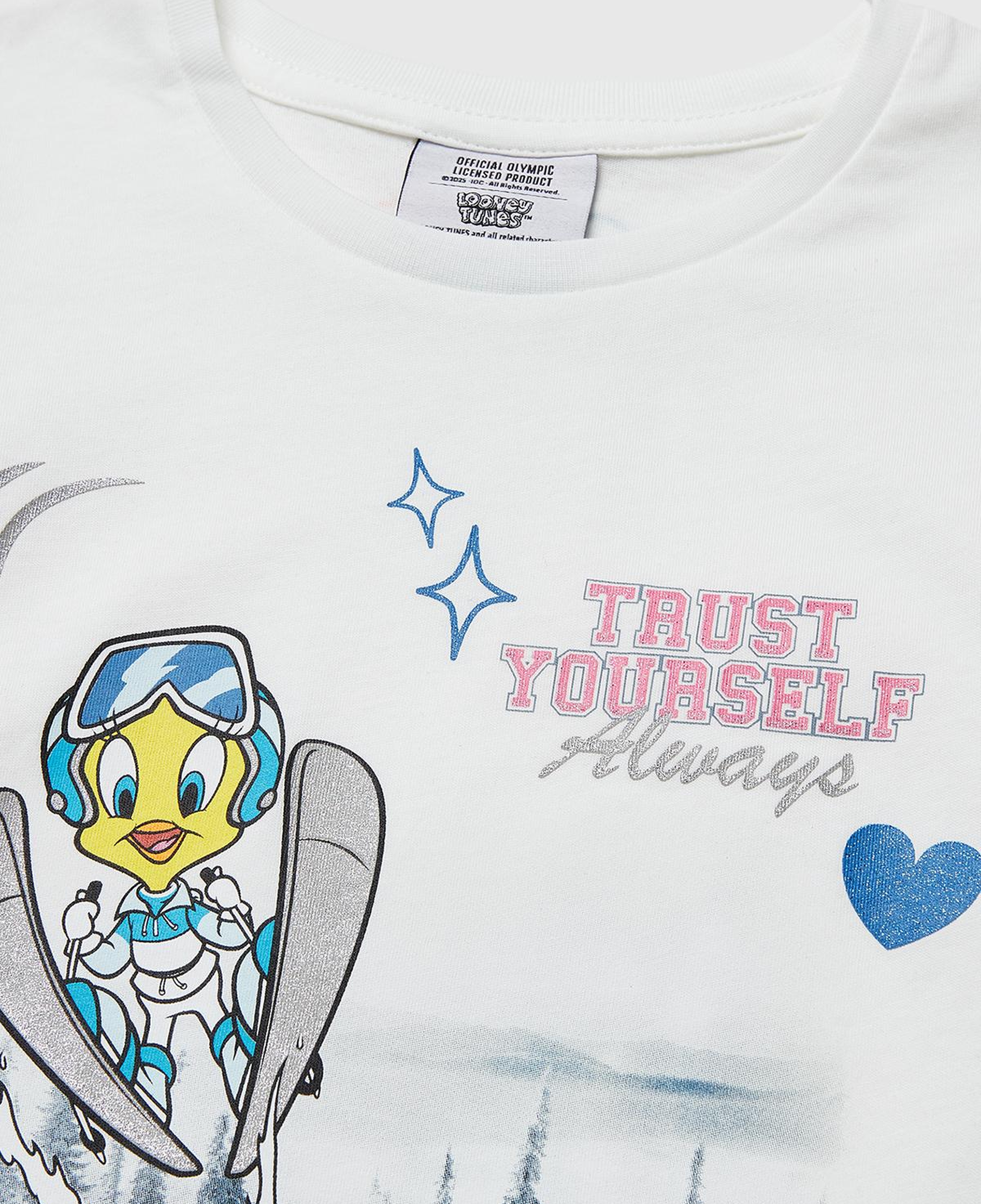 Kız Çocuk Beyaz Looney Tunes Baskılı Uzun Kollu Yuvarlak Yaka T-Shirt