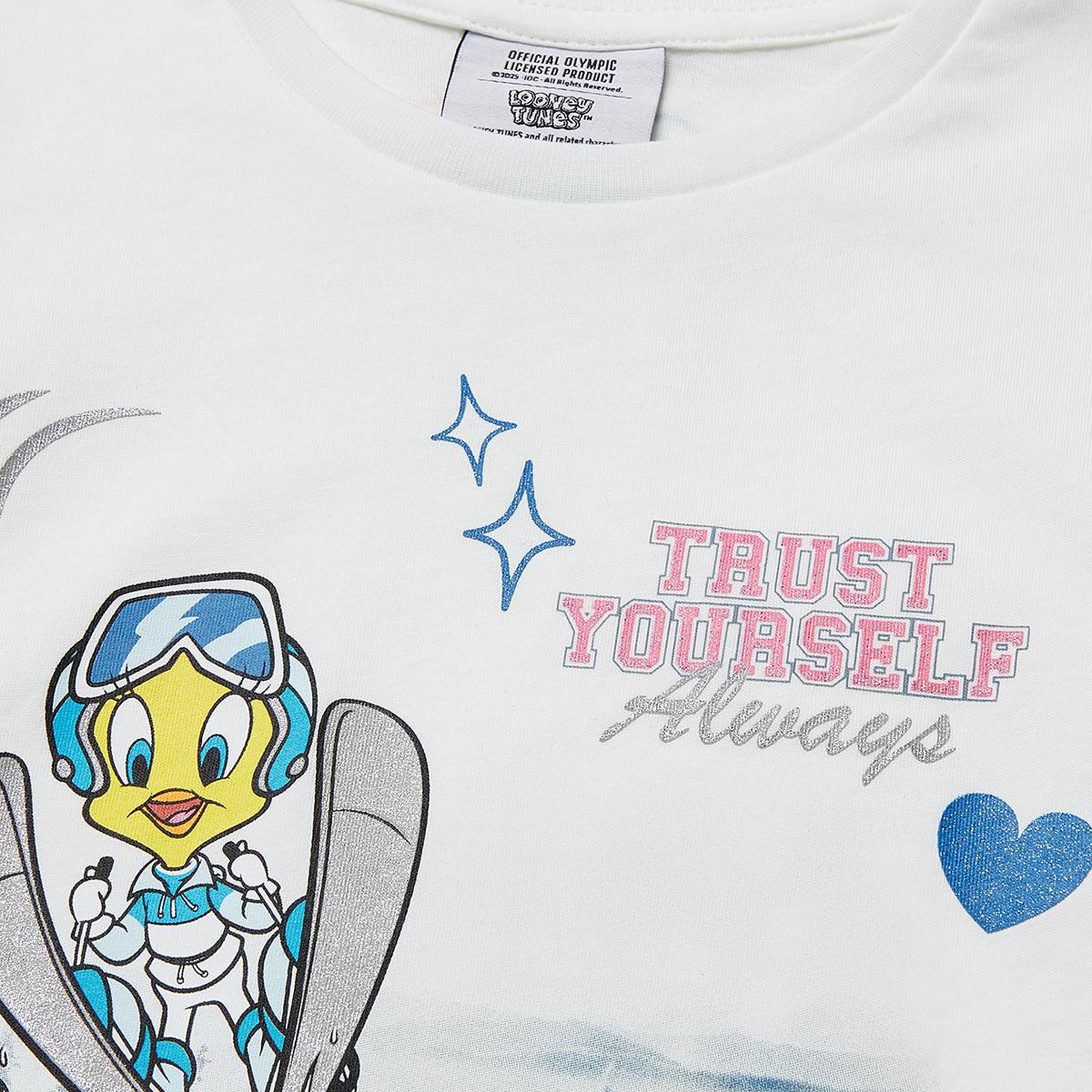 Kız Çocuk Beyaz Looney Tunes Baskılı Uzun Kollu Yuvarlak Yaka T-Shirt