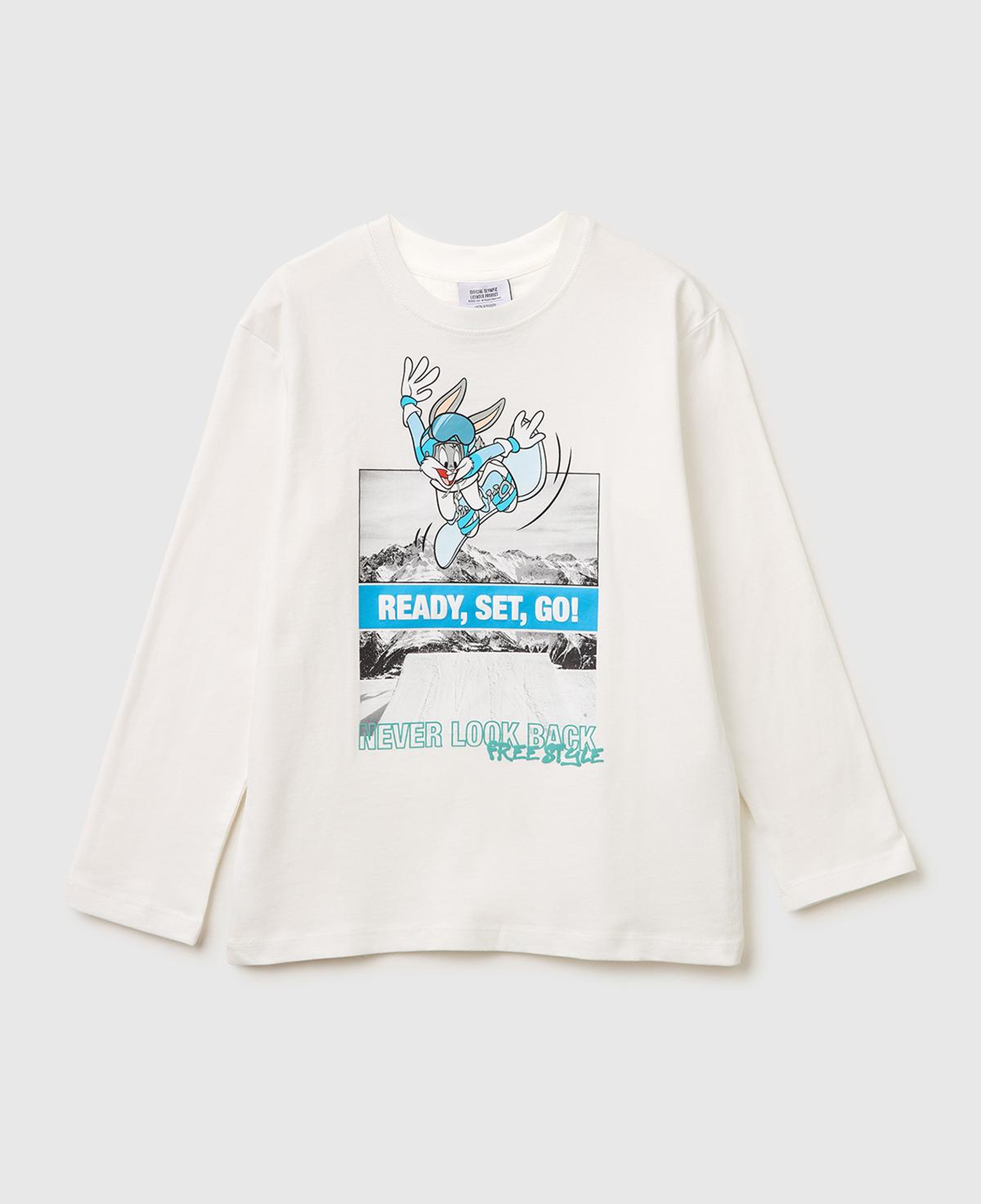 Erkek Çocuk Beyaz Baskılı Bisiklet Yaka Uzun Kollu T-Shirt