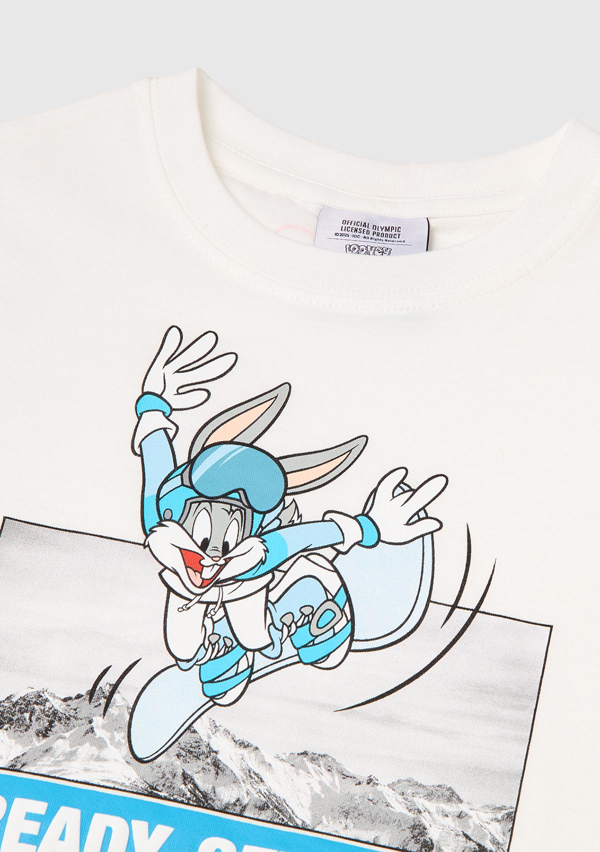 Erkek Çocuk Beyaz Baskılı Bisiklet Yaka Uzun Kollu T-Shirt