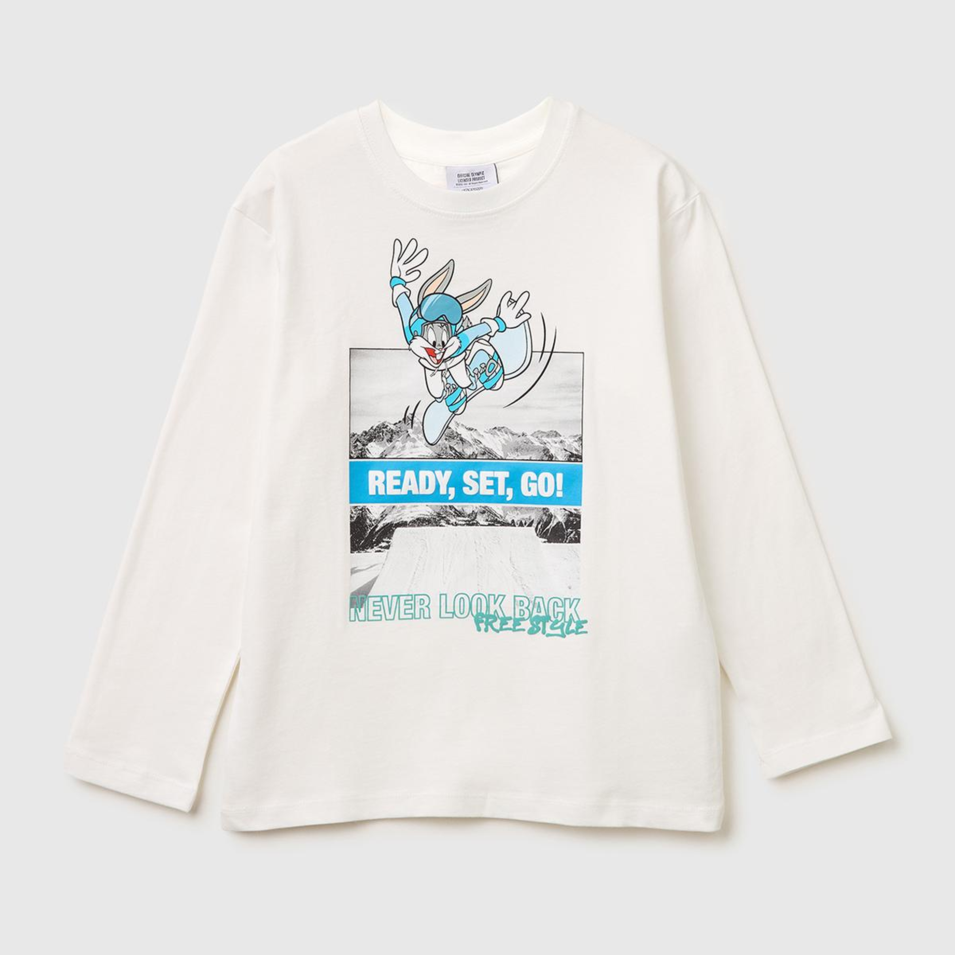 Erkek Çocuk Beyaz Baskılı Bisiklet Yaka Uzun Kollu T-Shirt