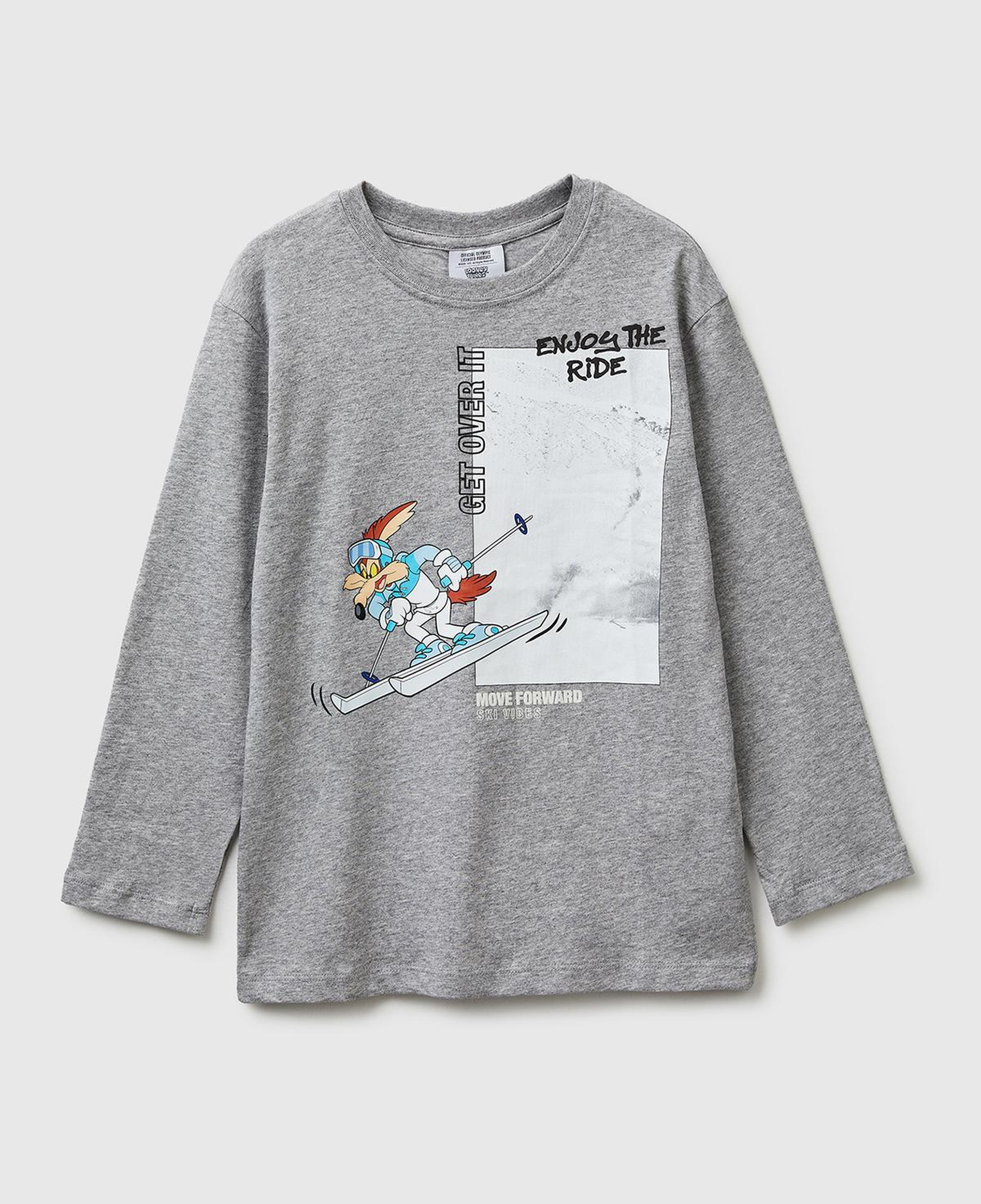Erkek Çocuk Gri melanj Baskılı Bisiklet Yaka Uzun Kollu T-Shirt