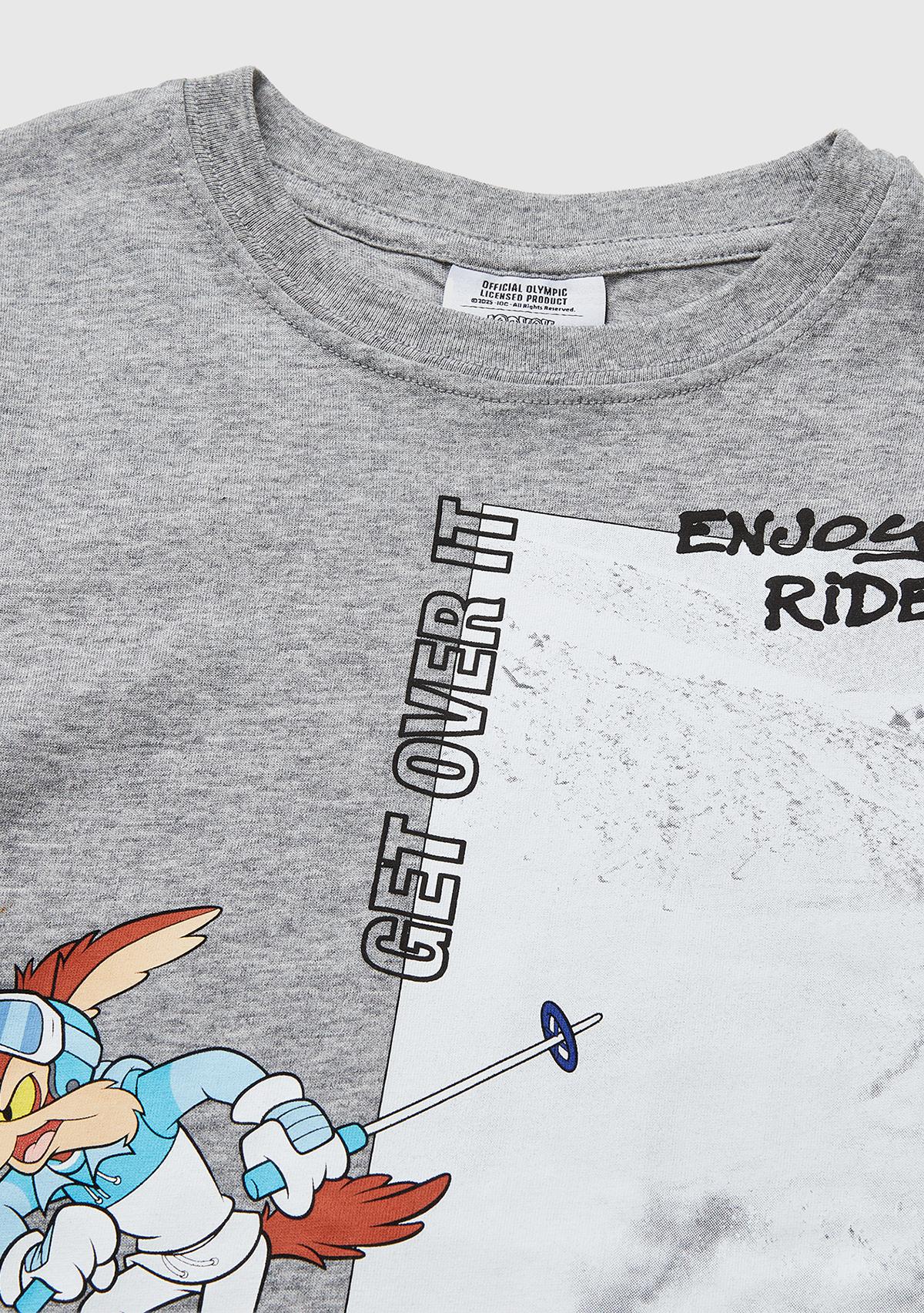 Erkek Çocuk Gri melanj Baskılı Bisiklet Yaka Uzun Kollu T-Shirt