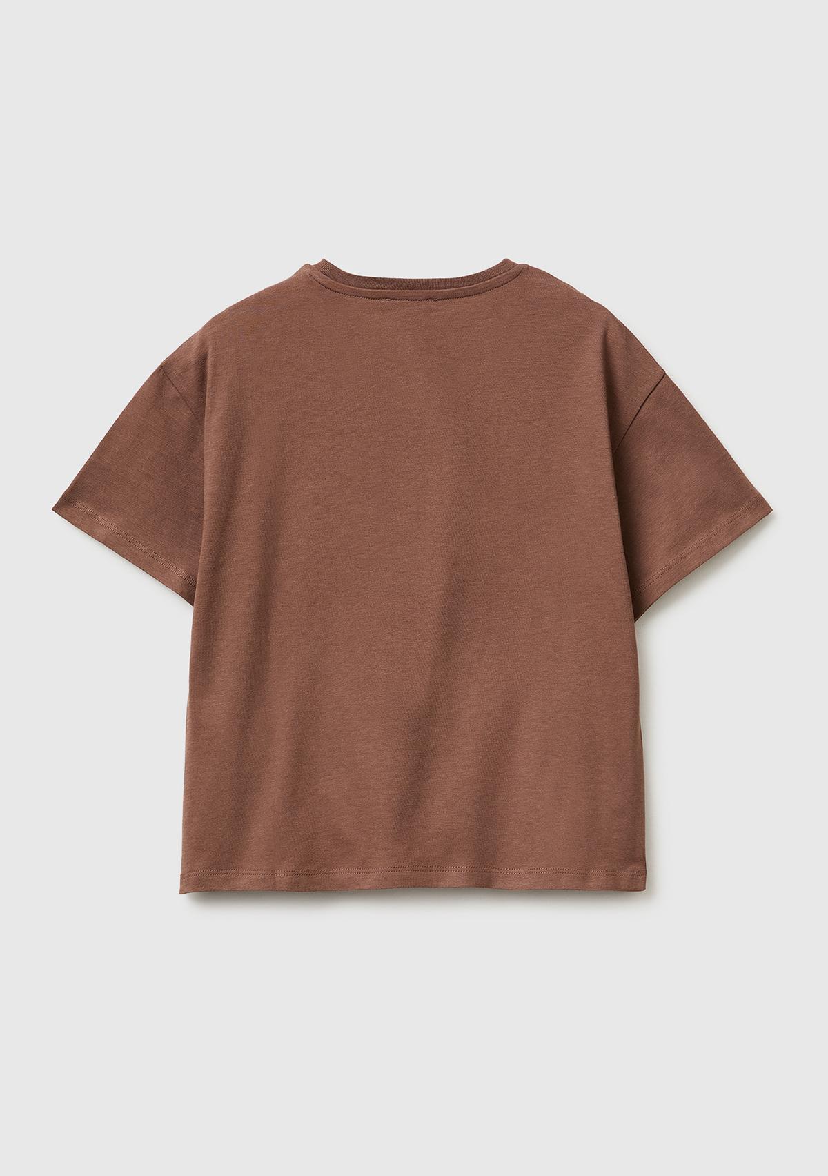 Kız Çocuk Kahverengi Simli Grafik Baskılı Yuvarlak Yaka Oversize T-Shirt