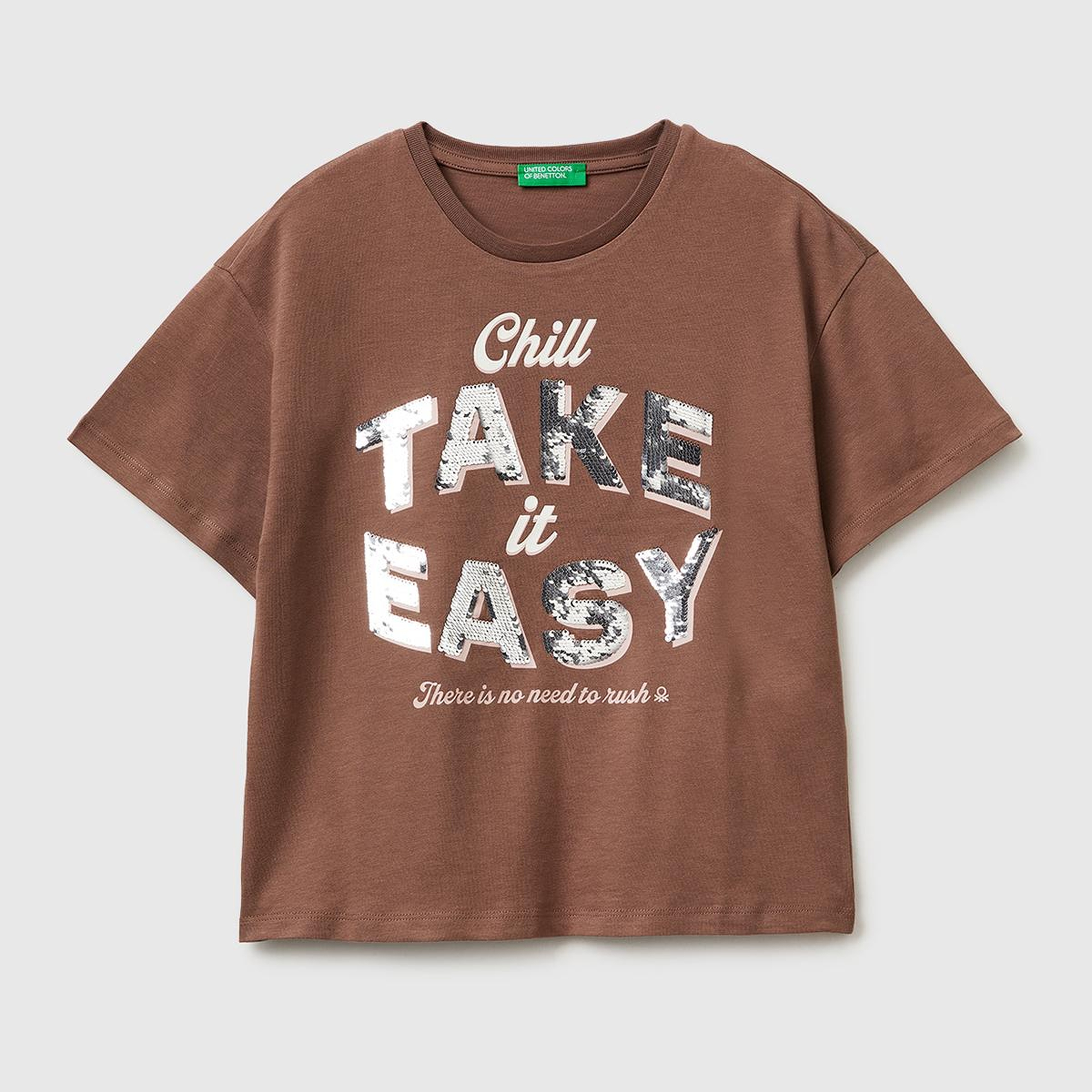 Kız Çocuk Kahverengi Simli Grafik Baskılı Yuvarlak Yaka Oversize T-Shirt
